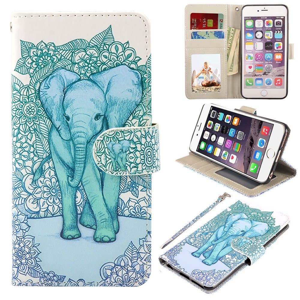 RusseryPek iPhone 6 Plus 6s Plus Wallet Case Folio Flip Premium PU Leather Cover with Card Holder Slot Pockets,Wrist Strap,Magnetic Closure for iPhone 6/6s Plus,Elephant