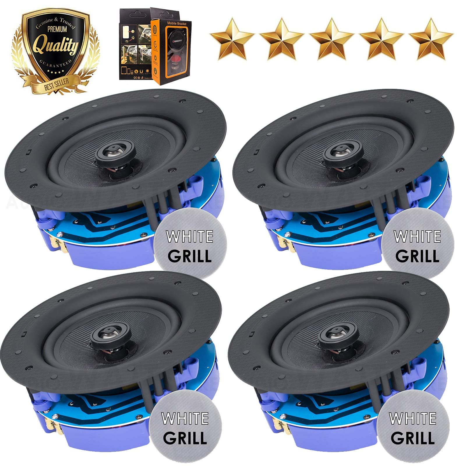 Package: Gravity Premium SG-6Hi 6.5” 800 Watts Flush Mount In-wall In-ceiling 2-Way Universal Home Speaker System with PP Cone Titanium Tweeter Stereo Sound(4 Speakers Included)