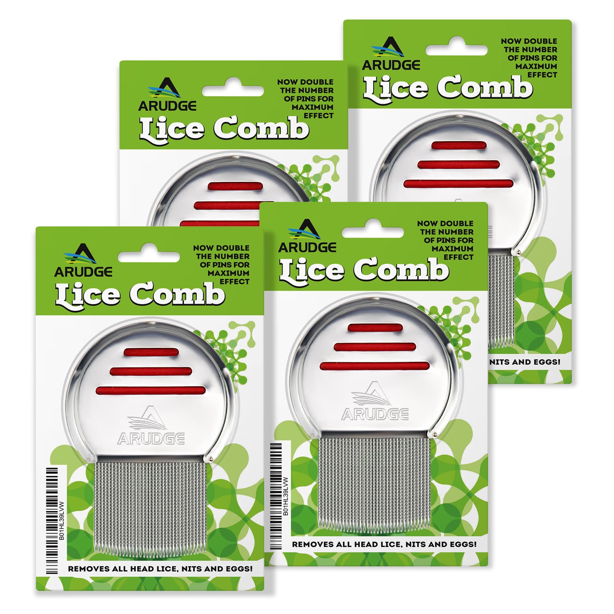 Head Lice Treatment, Egg & Nit Removal Terminator Comb by Arudge – Stainless Steel – Spiral Grooved Teeth – Ergonomic Design with Anti Slip Bands - 4 Pack