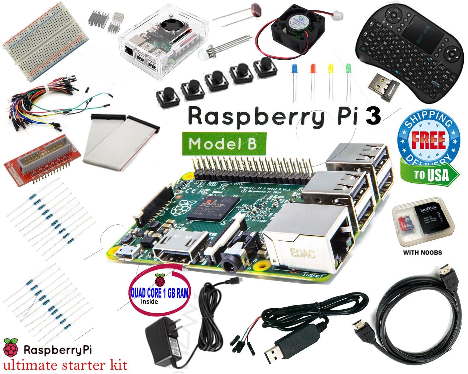 12voltnet Raspberry Pi 3 Ultimate Starter Kit Wifi Bluetooth HDMI, Breadboard SD Card Class 10 Ultra