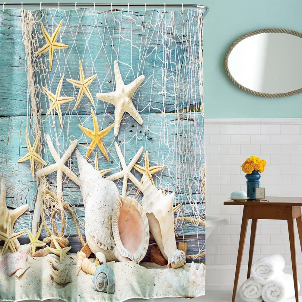 Kaluori Shell Starfish Seaside Pattern Fabric Shower Curtain, Waterproof Mildewproof Polyester Bathroom Curtain Shower Curtain Liner with 12 Plastic Hooks, 3D Printing, Machine Washable, 180 x180cm