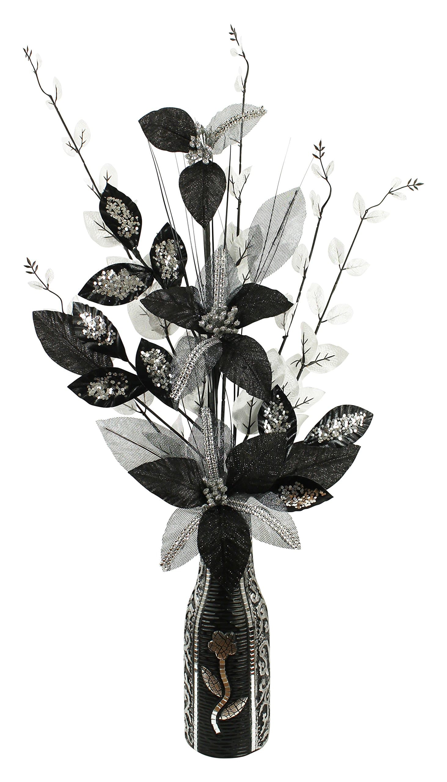 Flourish Black and Silver Artificial Diamante Vase, Table Decorations, Home Accessories, Window Ornament, Living Room Flowers, Height 70cm, Fabric, 15 x 34 x 70 cm