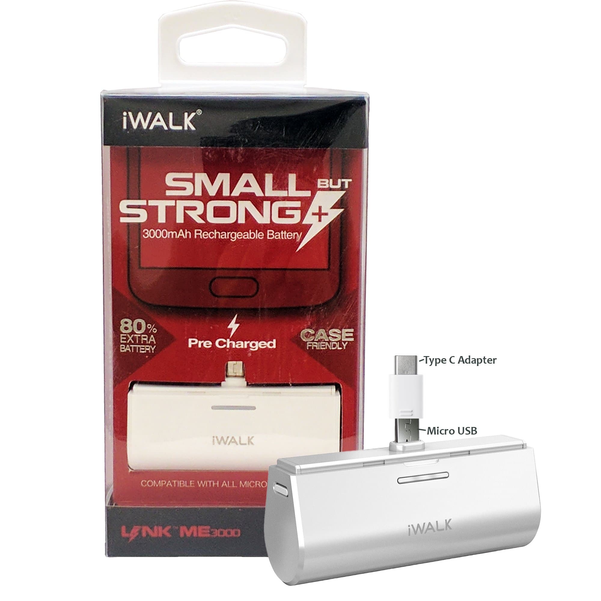 Official iWalk 3000mAh Link ME Battery Pack White- with Micro & TYPE C Adapter For Galaxy S6,S7,Edge,Note 5, S8,Note8,+,Pixel,XL,G5,G6 (Retail Packing)