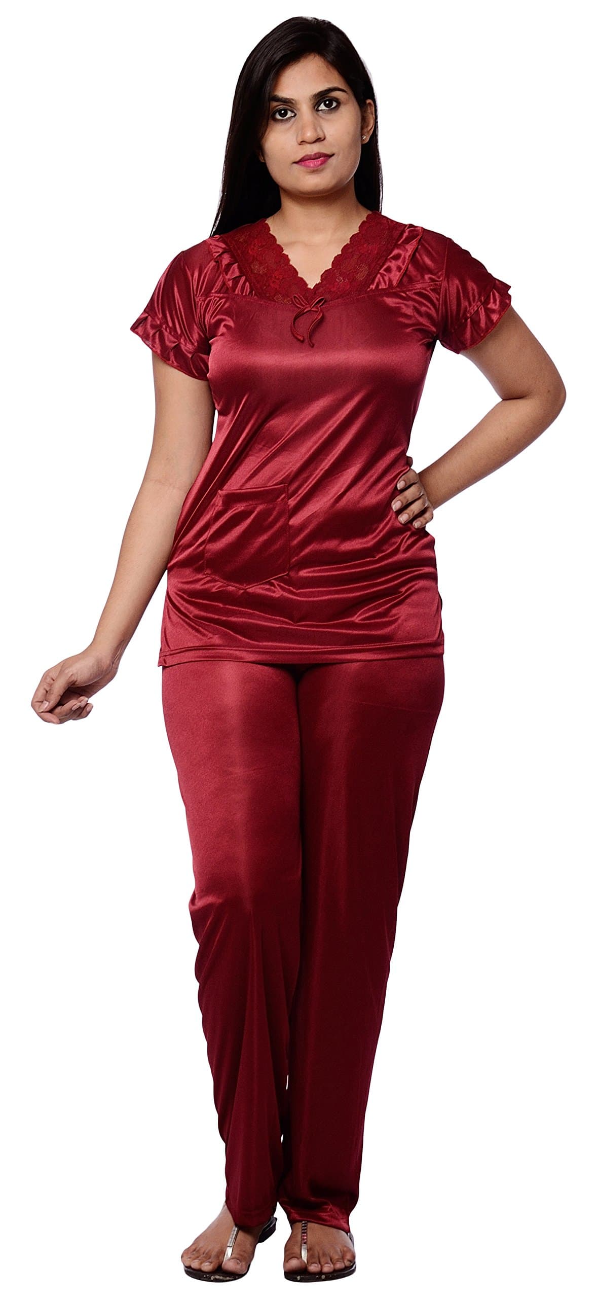 Women's Satin Night Suit (Red, Large)