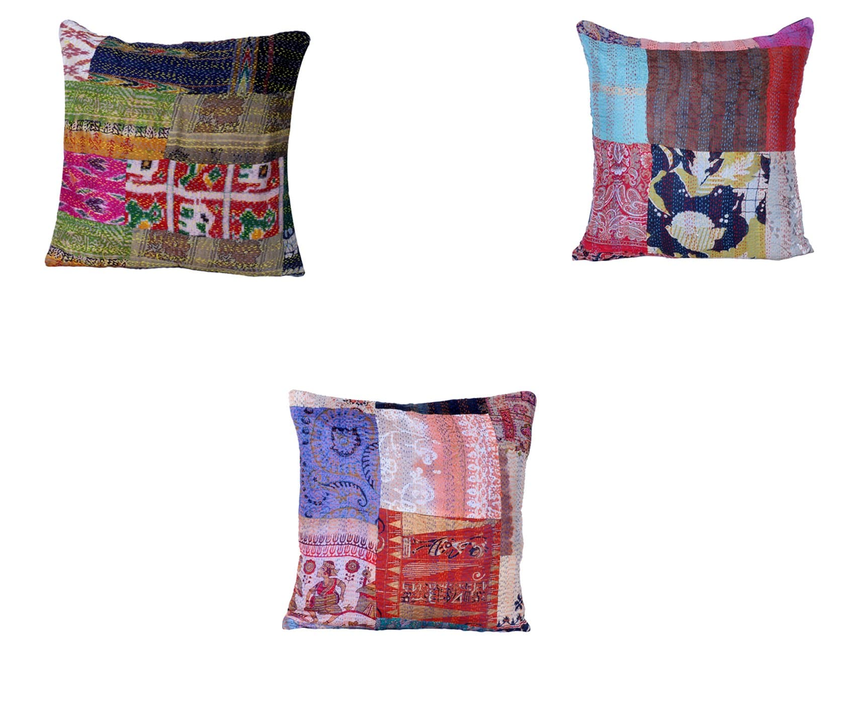 Indistar Set of 3 Throw Pillow Cover | Silk Patchwork Cushion Covers with Traditional Indian Kantha Work | Decorative Cushion Covers, 16 x 16 Inch