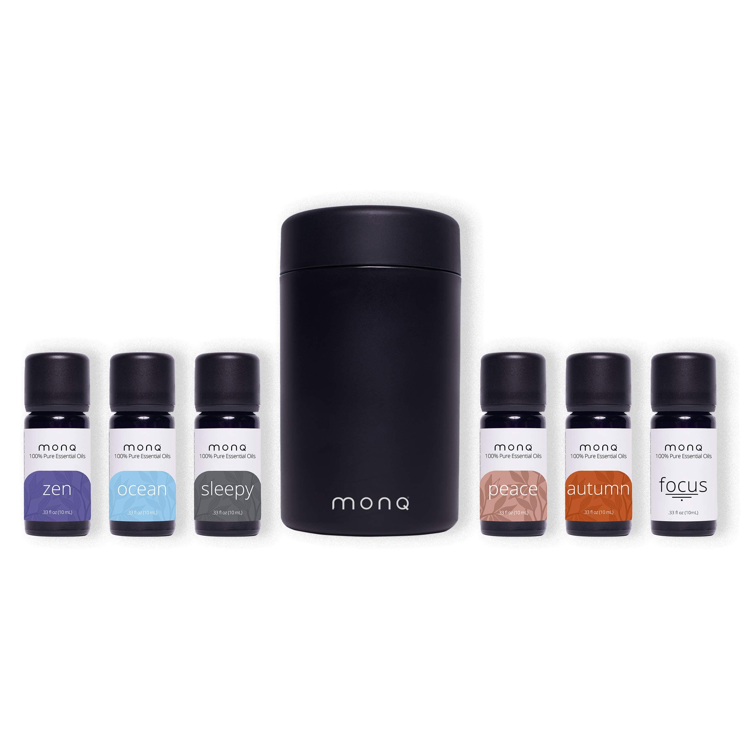 MONQ Aromatherapy Anywhere Gift Set - 6 pack 10mL FOCUS, Zen, Peace, Sleepy, Ocean, Autumn and Water-less Portable Diffuser