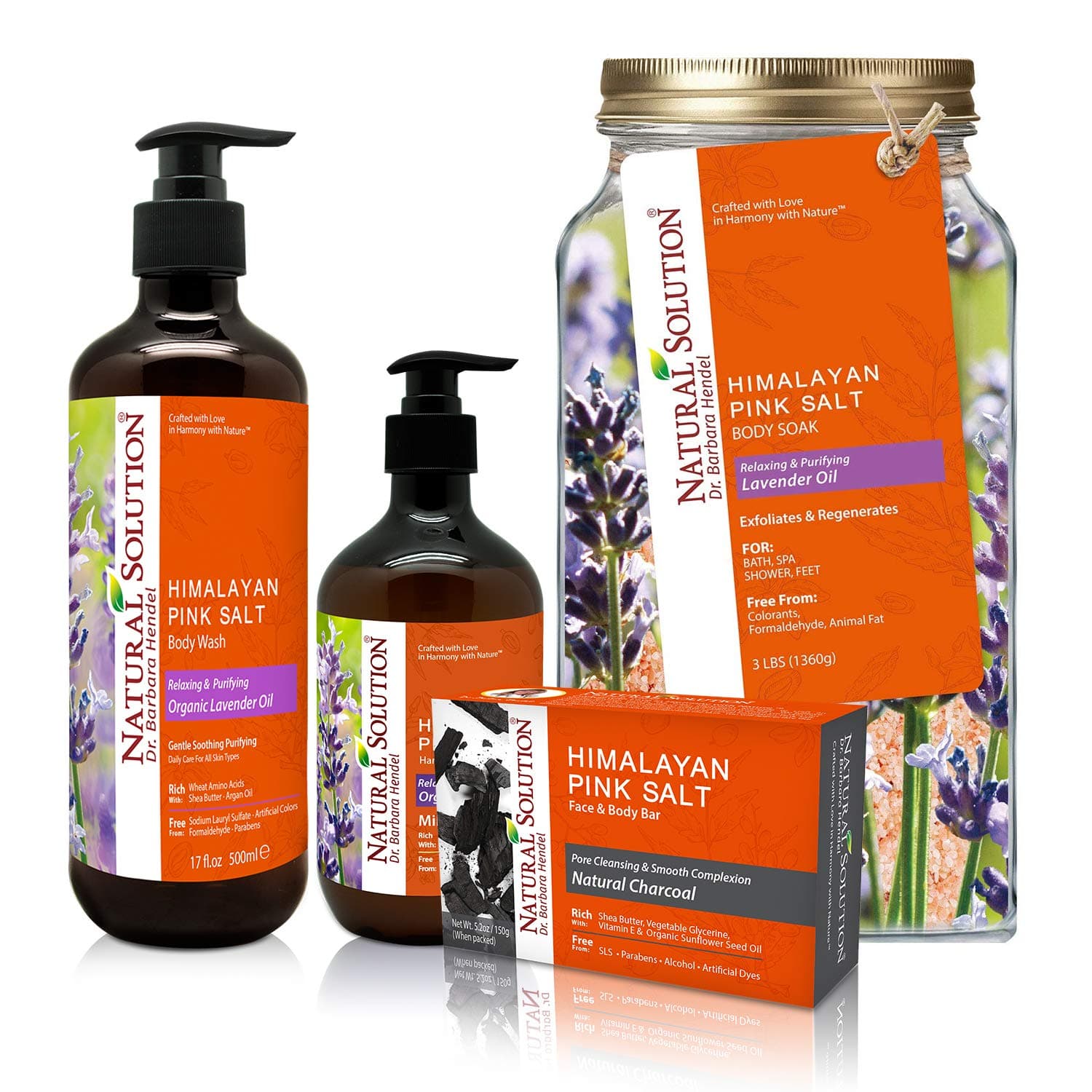 Natural SolutionBath & Body Gift Set with Relaxing Lavender Oil, Includes Body Wash, Hand Soap, Charcoal Soap Bar and Bath Salt, Perfect Gifts Set for Birthday & Christmas