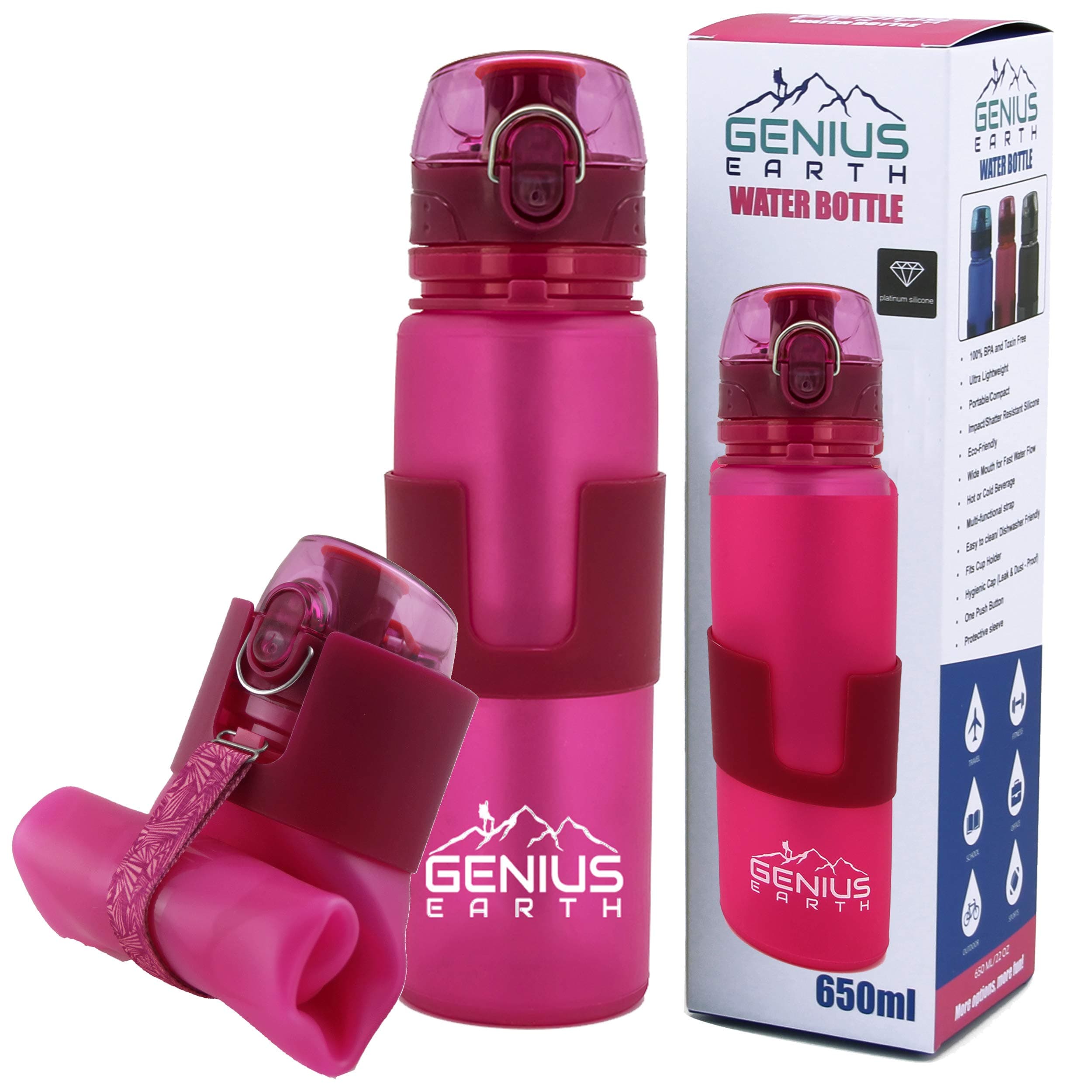 Genius Earth Foldable Water Bottle - Collapsible, Portable, Silicone Drink Bottle for Hiking, Sports & Travel. Lightweight, Reusable Bottles for Men, Women and Kids. BPA Free. 22oz
