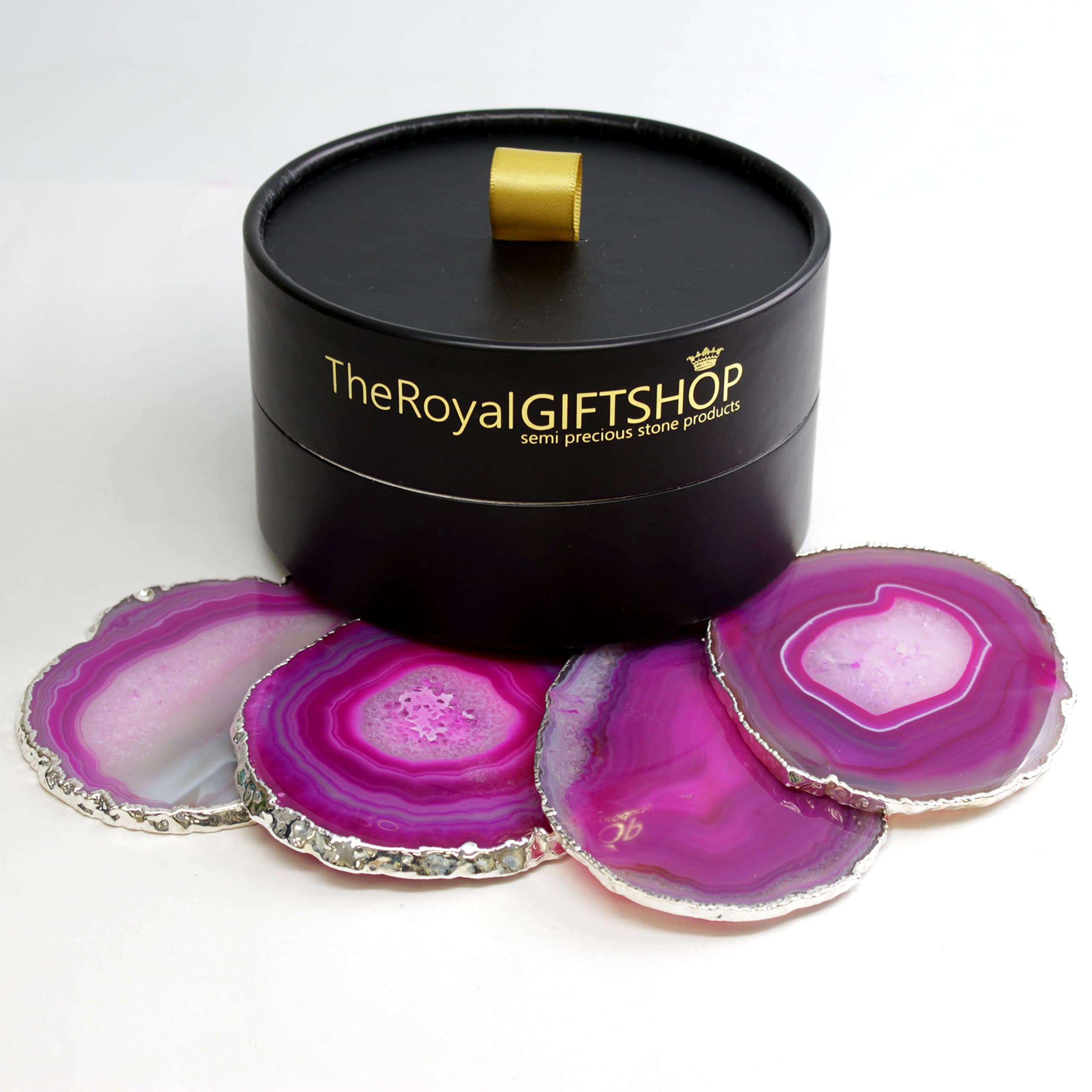 Silver Plated Agate Drink Coasters Set of 4 (Pink) with Deluxe Gift and Storage Box. Protective rubber bumpers attached