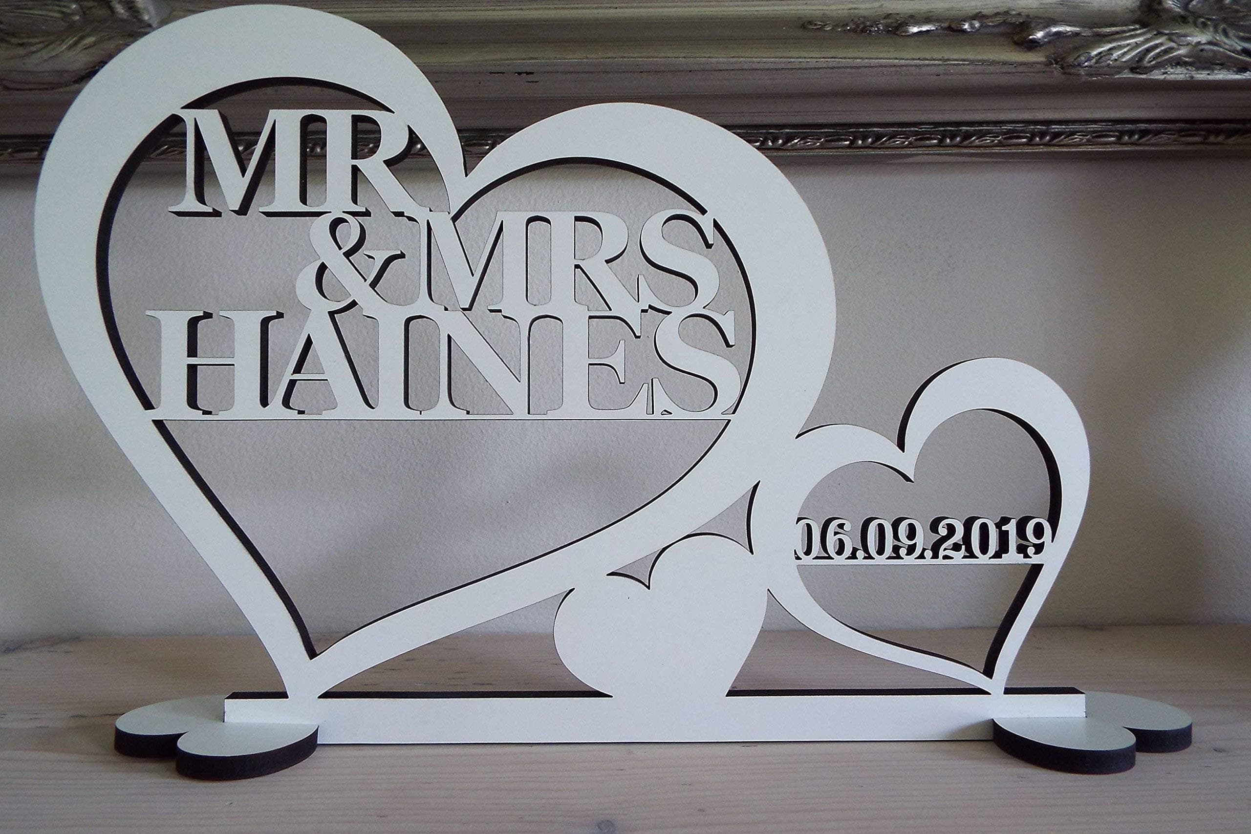 Personalised MR & MRS sign, two names, top table decoration, centerpiece, white, personalised wedding sign, stand, plaque, keepsake, gift, display