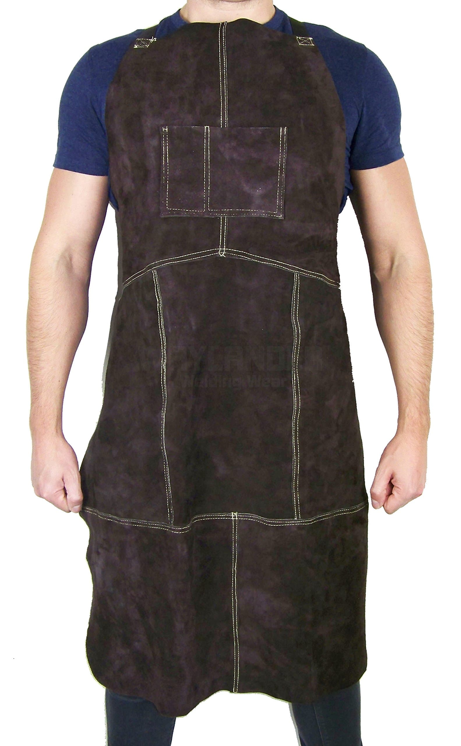 Waylander Leather Welding Apron Flame Resistant Heavy Duty Bib 40" Dark Brown with Adjustable Crossed Back Straps and Pocket