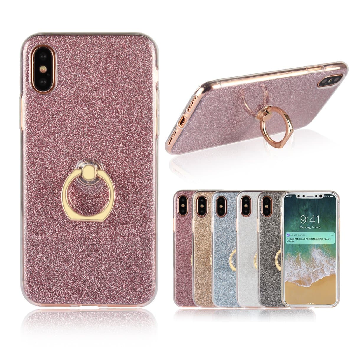 Artfeel For iPhone X Case, Stylish Bling Glitter Clear Transparent Ultra Slim Cover,Soft TPU Silicone Gel with Ring Holder Stand Anti-Scratch Shockproof Cover,Pink