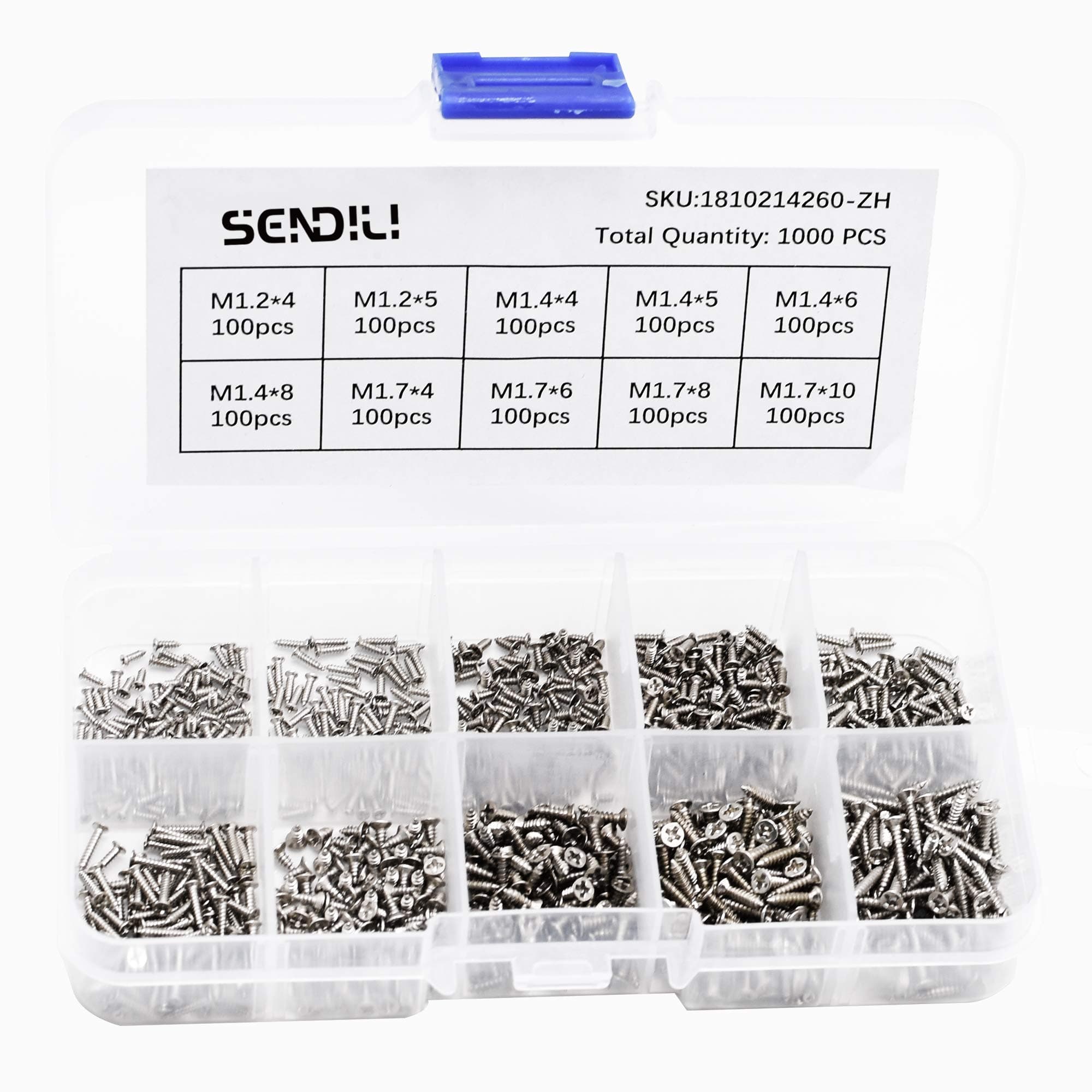 SENDILI Self Tapping Screws Assortment - M1.2 M1.4 M1.7 Electronic Wood Screws Set Cross Recessed Countersunk Head Tapping Screws, Style A （1000pcs）