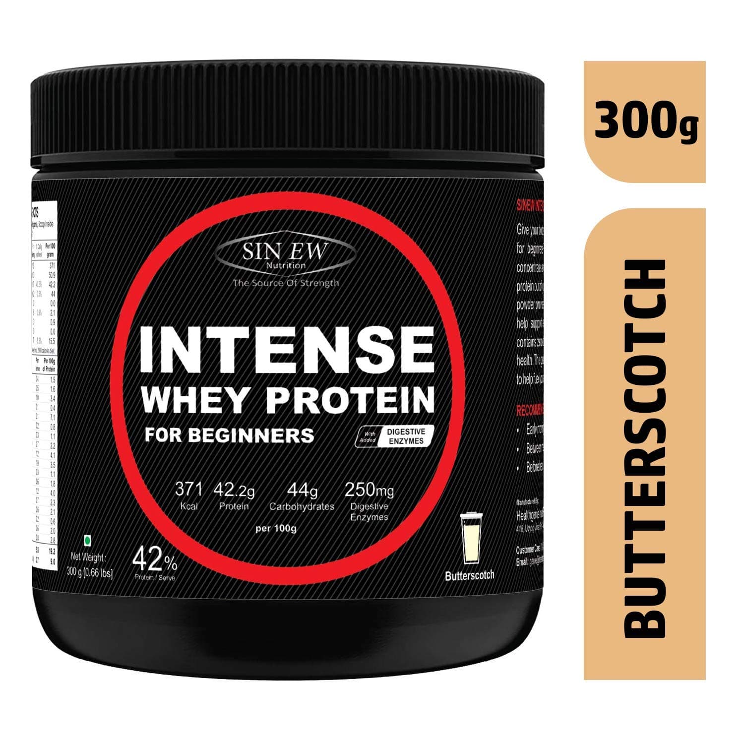 Sinew Nutrition Beginner's Intense Whey Protein Supplement with Digestive Enzymes, 300gm, Butterscotch