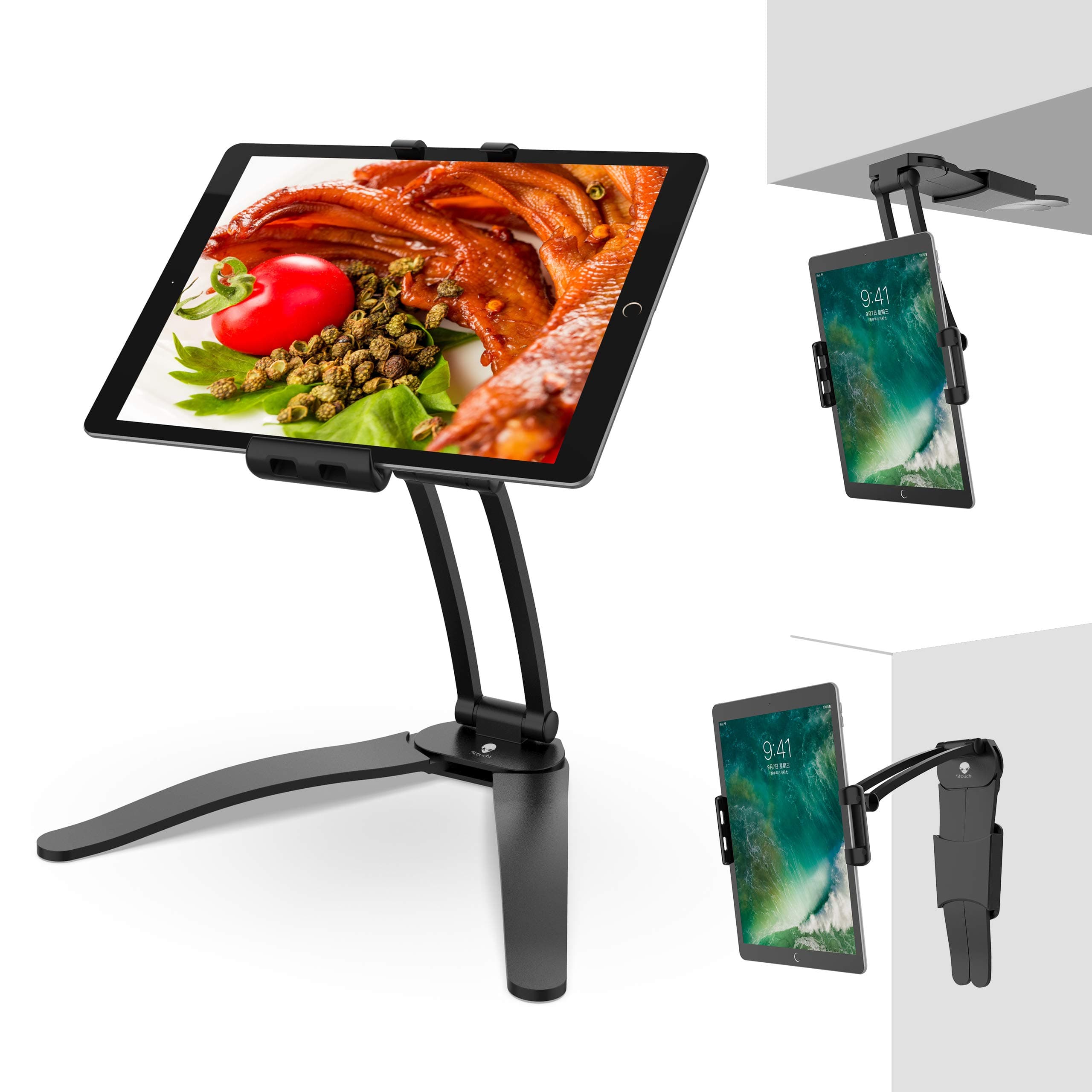 Kitchen Stand for iPad, Stouch Kitchen Desktop Tablet Wall Mount iPad Holder for iPad Air/Mini, iPad 2nd-4th Generation, Kindle Fire, Other 7-10-Inch Screen Tablets Between 4.7-7.5 Inches Wide Black