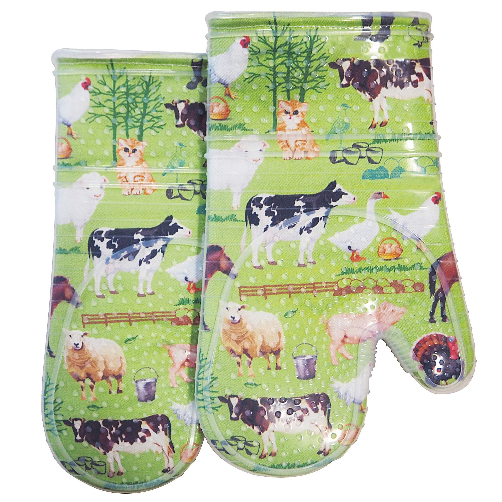 Oven Mitts Set of 2 with Transparent Clear Silicone Shell and Nice Farm Flower Cotton Lining, Heat Resistant to 500 F Kitchen Oven Gloves Pot Holder for Cooking (Farm Flower, Oven Mitts)