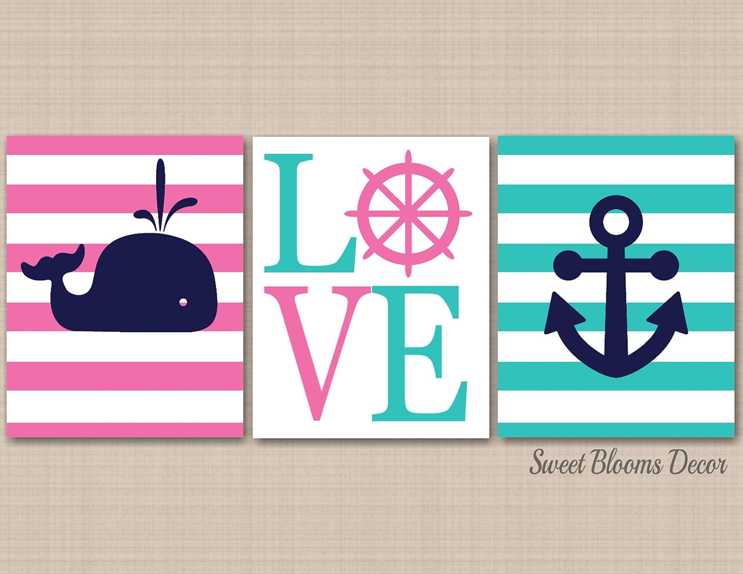 Nautical Wall Art Hampton Whale Anchor Nursery Decor Navy Blue Pink Teal Aqua Whale Girl Boy Brother Sister Twins LOVE UNFRAMED 3 PRINTS (NOT CANVAS)
