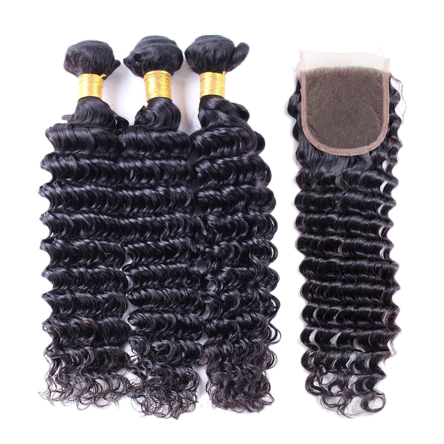 Brazilian Deep Wave Hair 3 Bundles With Closure Unprocessed Virgin Remy Brazilian Deep Wave Curly Human Hair Weave Extensions With Lace Closure 4x4 Free Part (24 26 28 +22 closure)