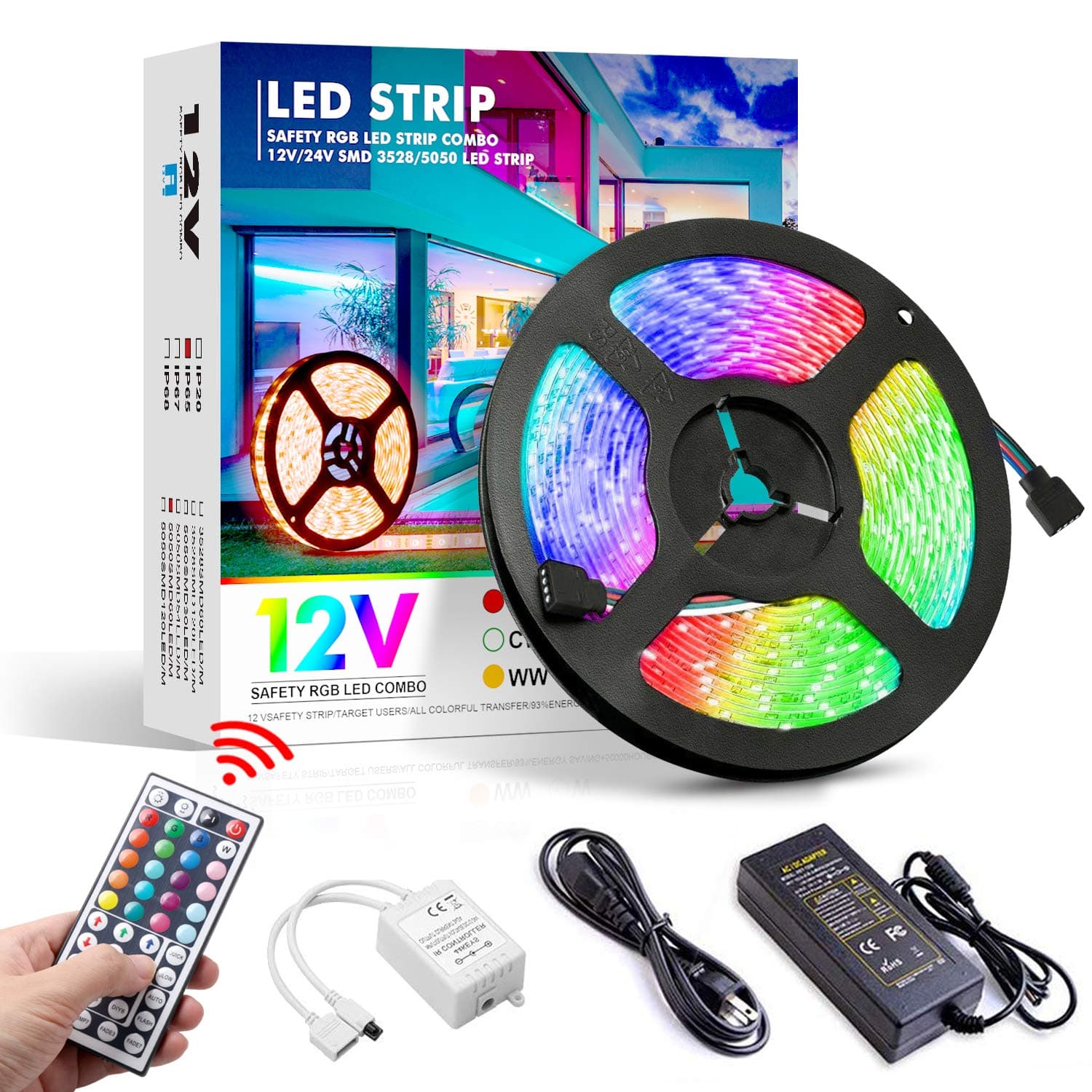 LED Strip Lights 16.4ft Waterproof，RGB LED Light Strip 300 LEDs, LED Tape Lights Flexible Rope Lights SMD 5050, led Lights for Bedroom with Remote Color Changing Lights for Room Bed TV Kitchen Bar