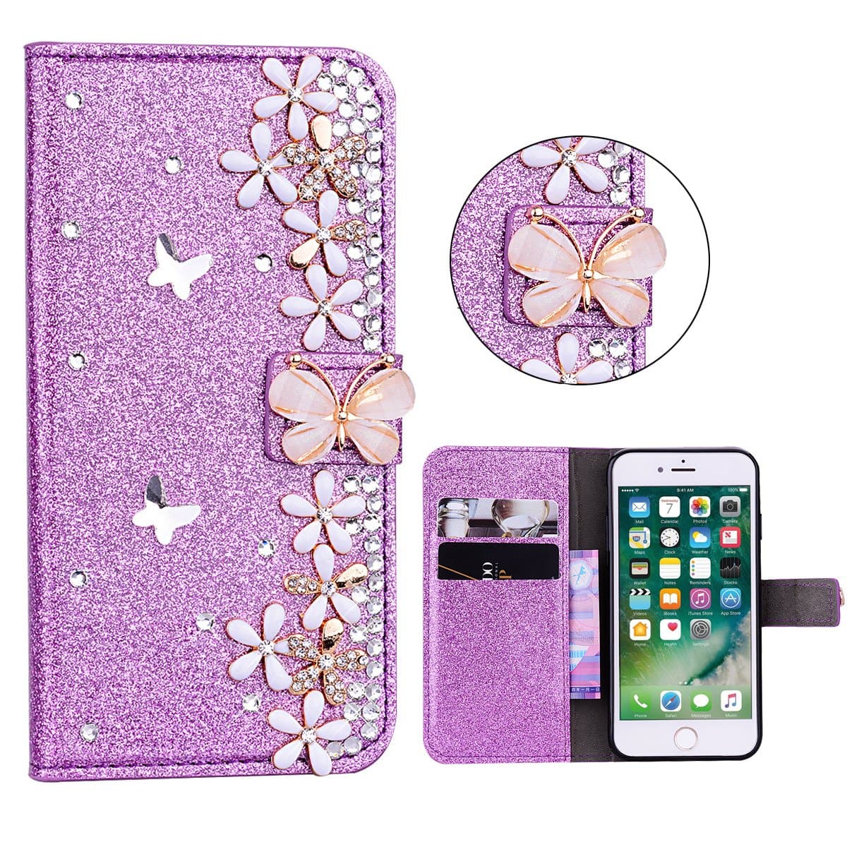 Xifanzi Glitter Wallet Case for iPhone 6 Plus 6s Plus 5.5" Purple Glitter Magnetic Bling Glitter PU Leather Flip Case Wallet 3D Diamond Butterfly Flowers Wallet Buckle Protective Cell Phone Cases