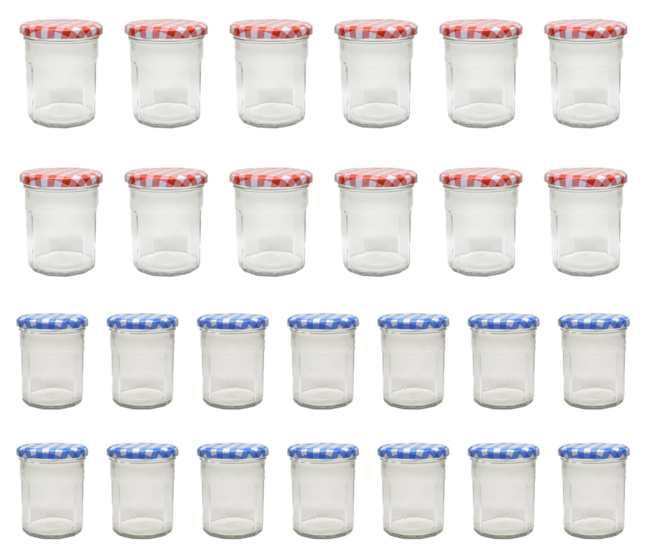 Klean Shop Jam Jars With Lids – Red/Blue Lid Jam Jar Set – Fruit Mason Jar – Glass Jam Canning Jars – DIY 8oz (250ml), 24 Pack Jars- Perfect for Jam Storing, Pickles and Many Other