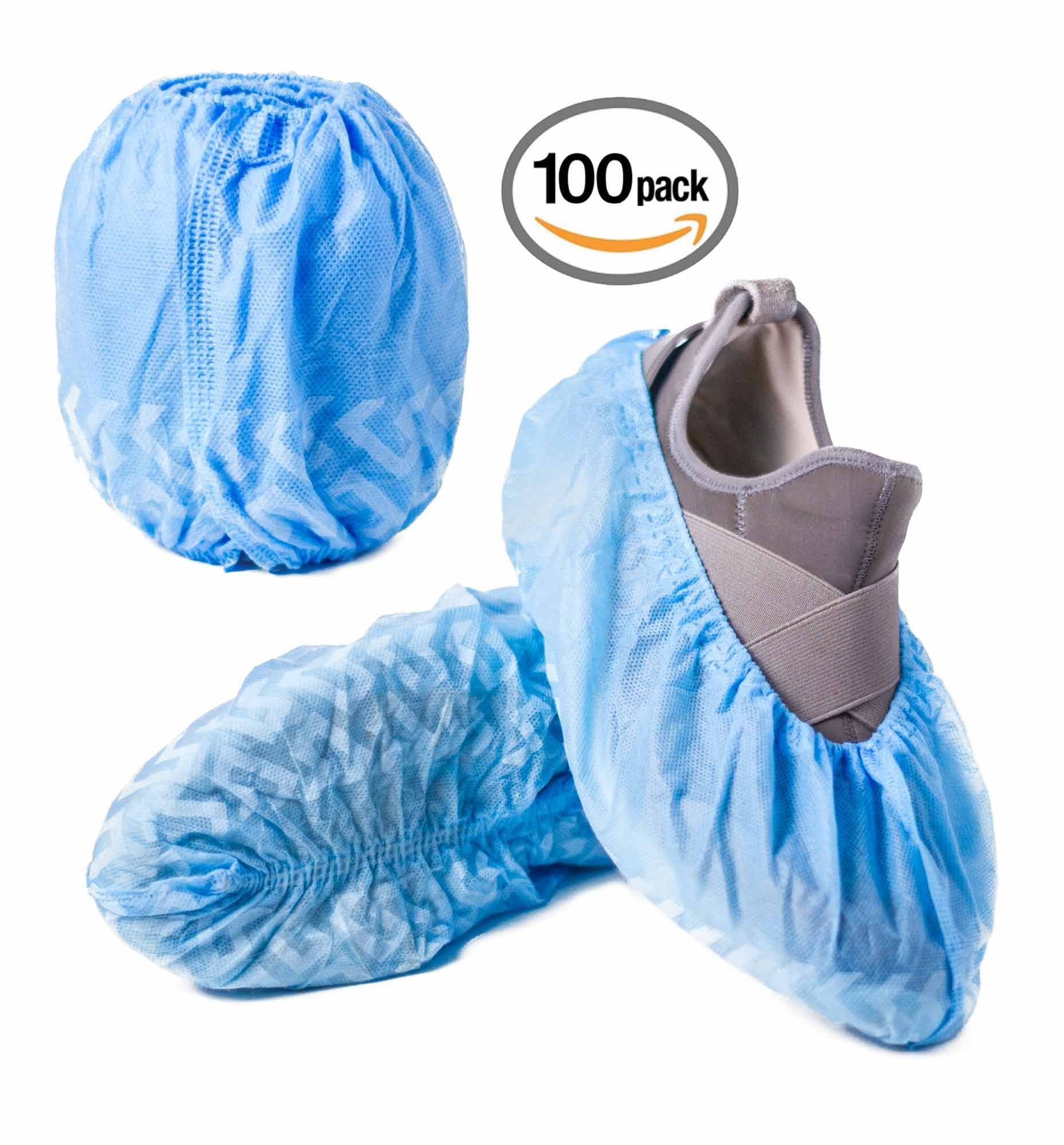 Disposable Protective Shoe and Boot Covers: Premium Blue Cloth Booties, Non Slip, Elastic Fit Up to Men's Size 11 & Woman's 12.5 - Construction, Painting, Home Inspector, Realtor - 100 Count/50 Pairs