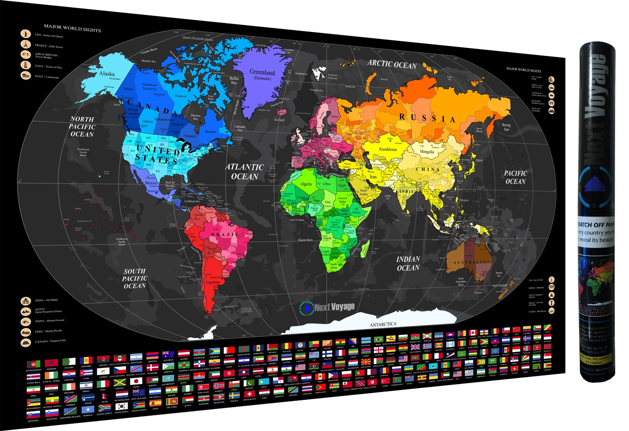 World Map Scratch Off Poster (33.5x23 Inch), Unique Design, Detailed Cartography, Countries, Islands, Flags and Popular Iconic Places