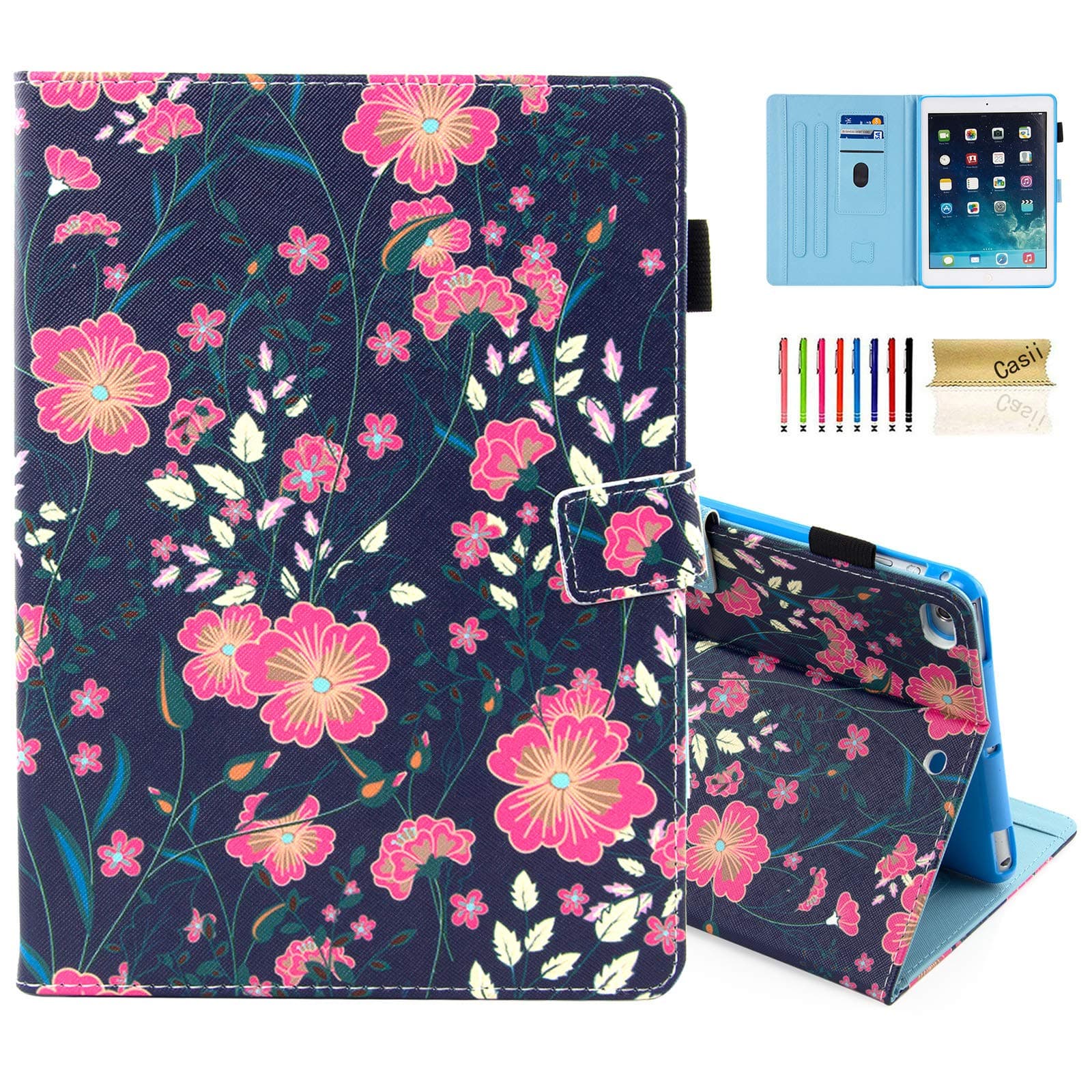 Casii Case for iPad 9.7 2018/2017, Ultra Slim Folio Stand Premium Leather Shockproof Protective Cover with Card Slots & Auto Sleep Wake & Pencil Holder for iPad Air 2/ iPad Air, Pink Flower