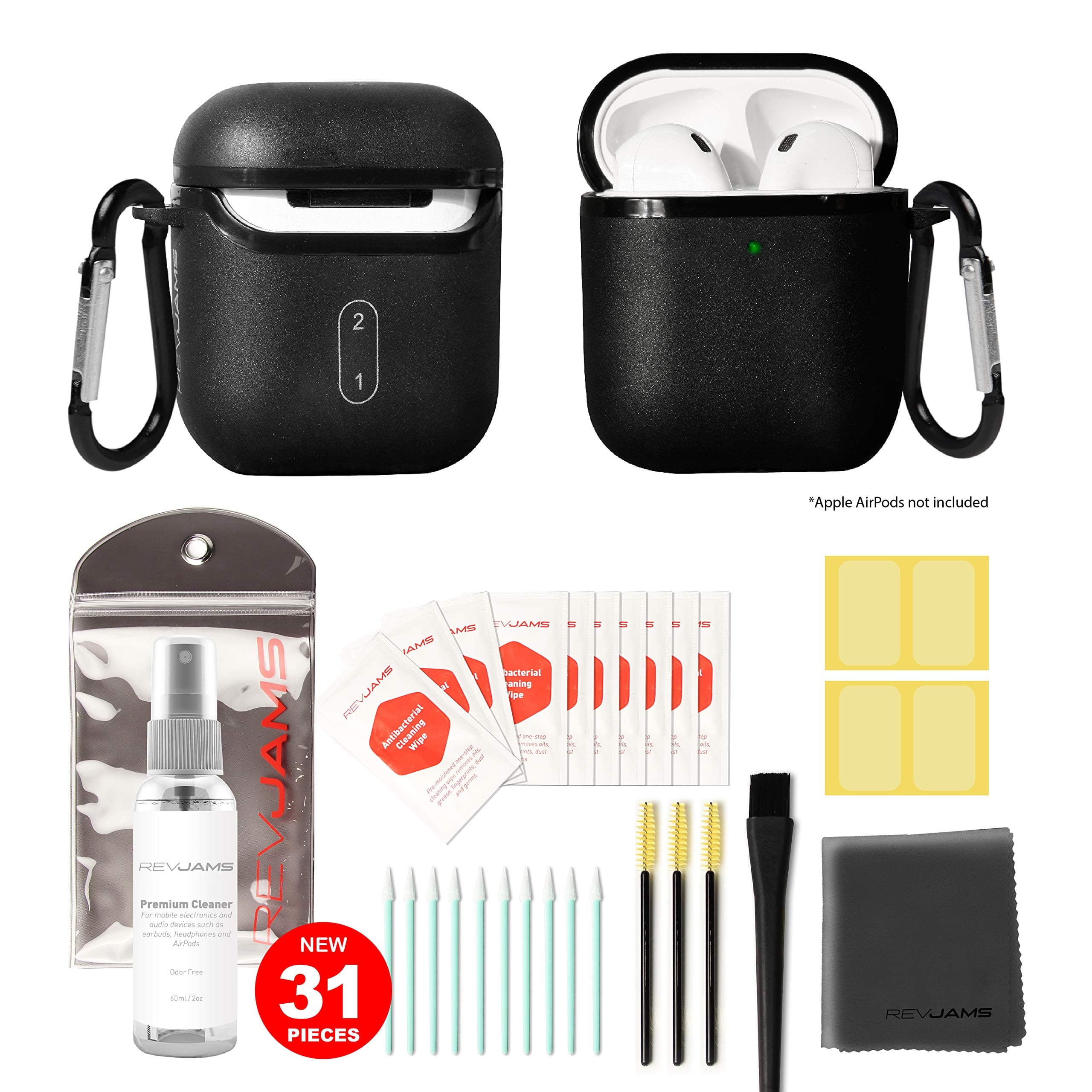 RevJams 31pc Cleaning Kit and Hard Case COMBO for Apple AirPods, Pro, AirPods 2 - Our Specially Formulated Cleaning Solution, Microfiber Cloth, Safe Brushes, Dust Stickers, Swabs,and More, New Version