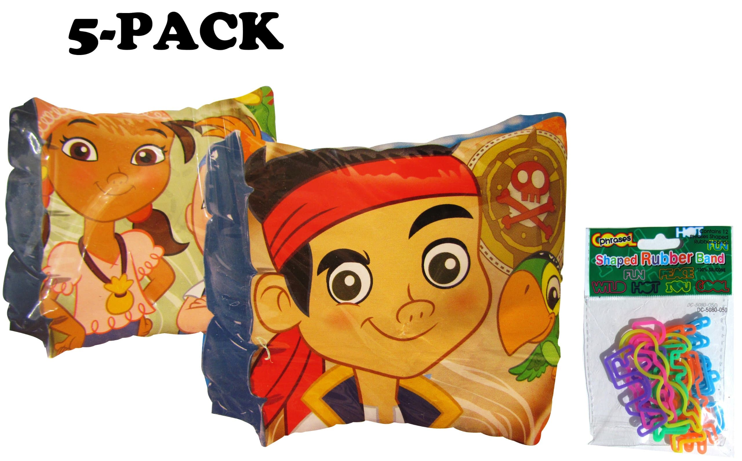 5-pack Jake and the Neverland Pirates Arm Floaties AND 12-pack "Fun Words" Silicone Bracelets - Five Jake and the Neverland Pirates Party Favors for Kids Pool Party (2 Item Bundle)