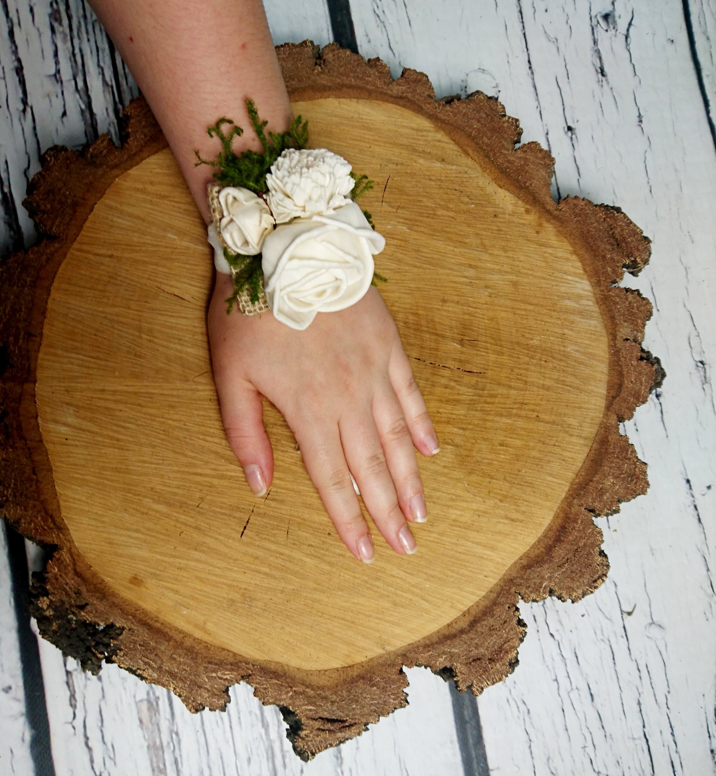 Rustic Wedding Wrist Corsage Ivory Green Burlap Bridesmaid