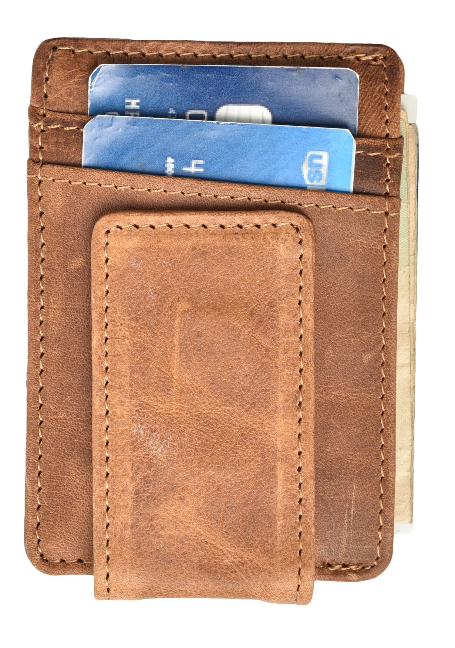 Hopsooken Money Clip Front Pocket Wallet RFID Slim Wallet Magnet Genuine Leather (Light Brown)
