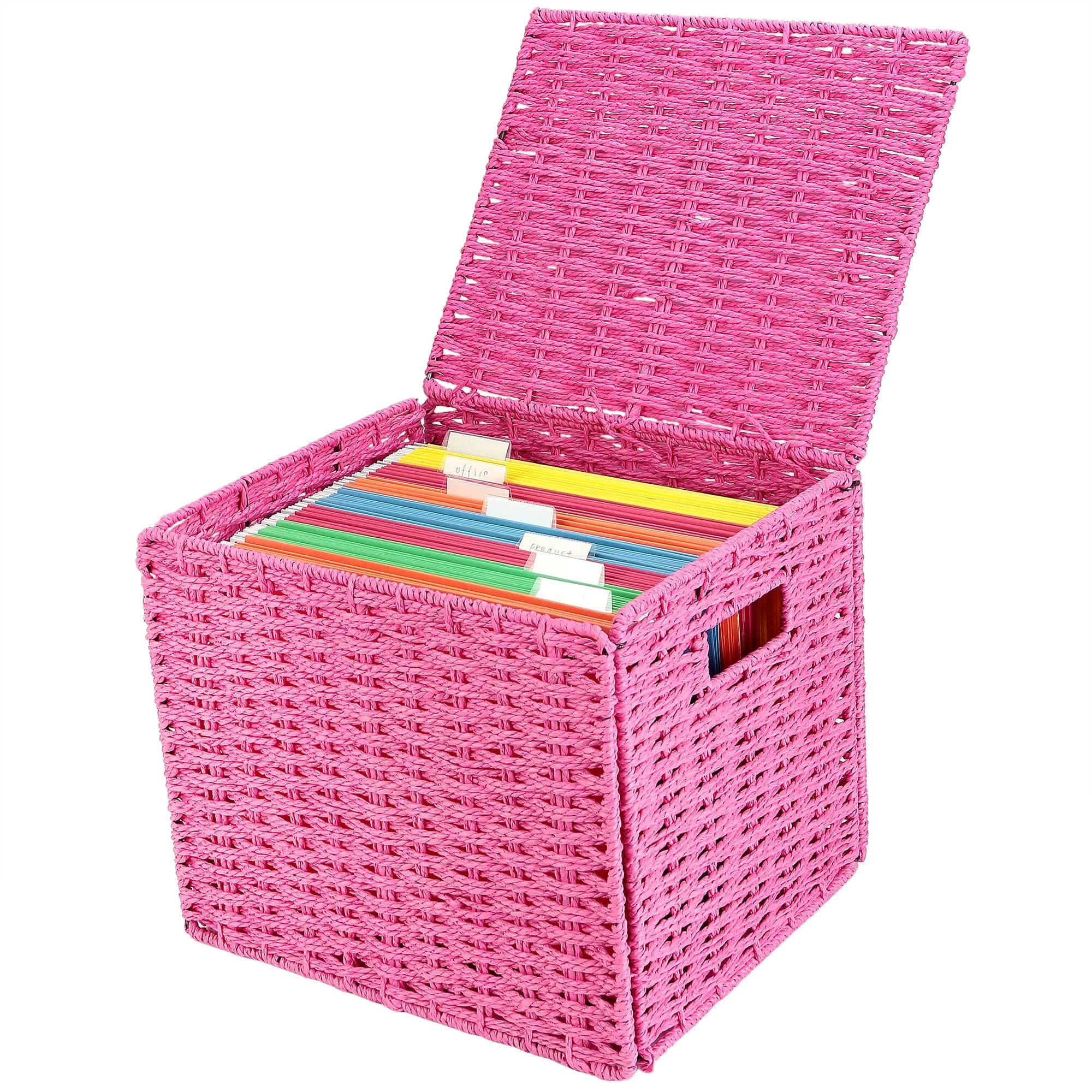 Collapsible Hanging File Folder Storage Organizer, Letter Size Hanging File Box Organizers with Lid，Decorative Seagrass Filing & Storage Office Box | Letter Size (Pink)