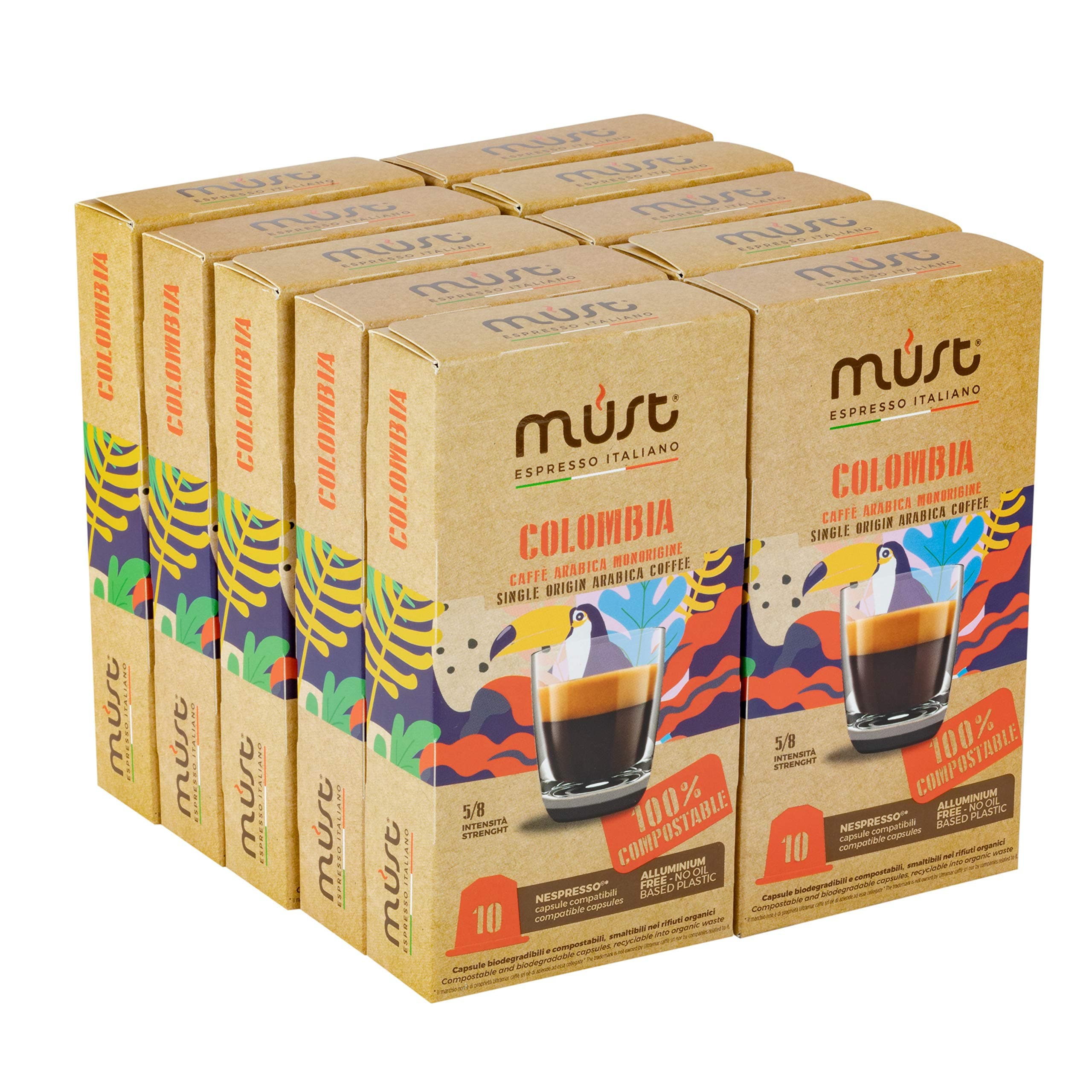 MUST 100 Coffee Capsules Colombia Blend Single Origin 10 Pack of 10 Capsules Compatible with Nespresso Machine 100% Compostable Pods Made in Italy Recyclable