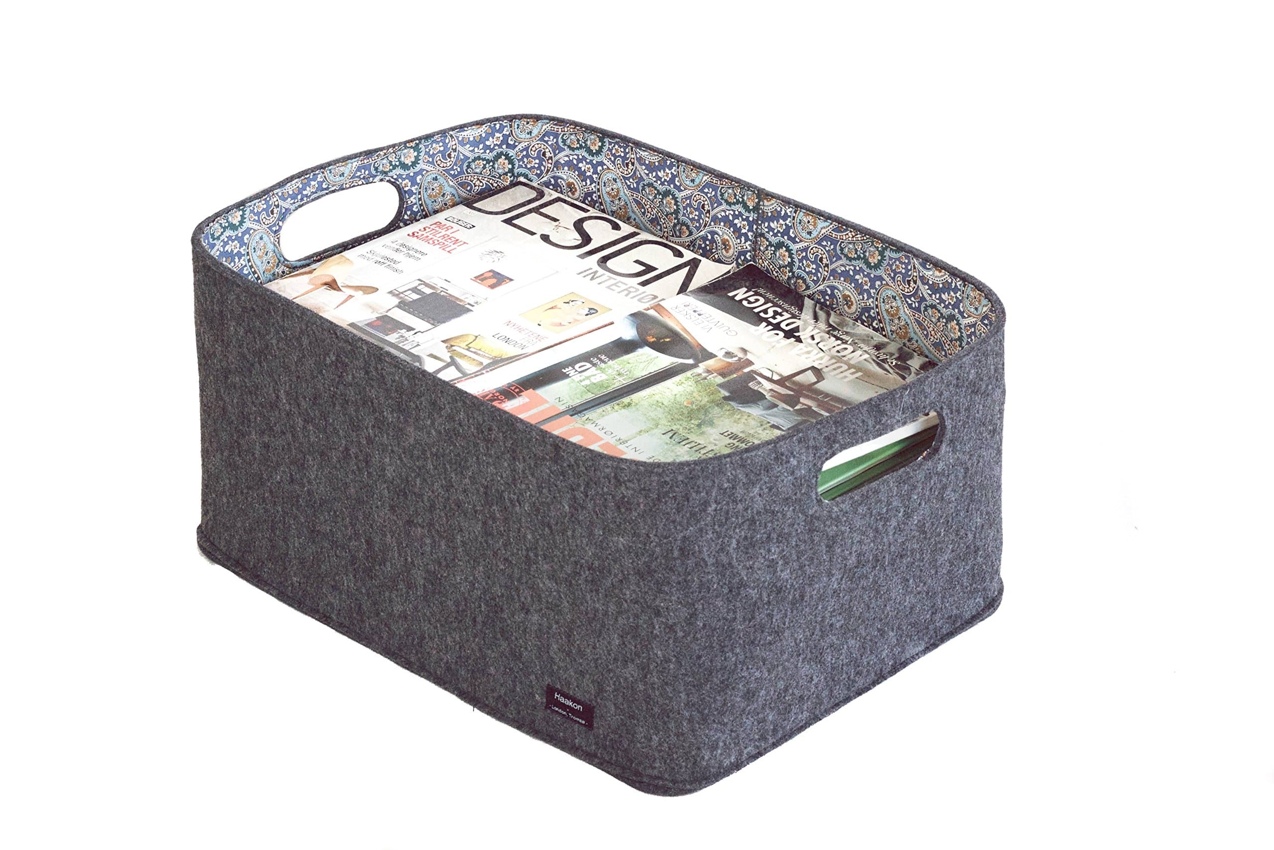 Large Grey Felt Storage Basket W48 x D34 x H22, with a Fashionable Paisley Print Lining. Ideal for Magazines, Toys and General Storage - Scandinavian Design