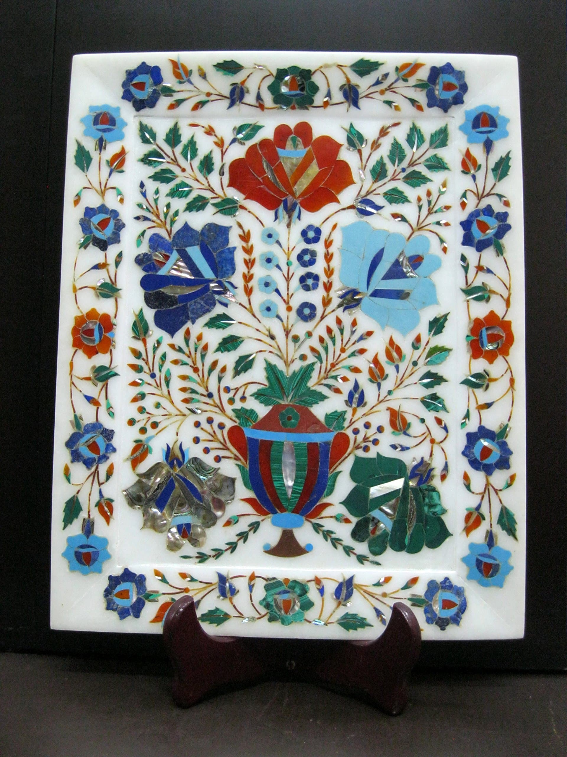 rkhandicrafts 13" x 10.5" Rectangle White Marble Serving Tray Cum Decorative Wall Plate Inlay Multi Color Floral Art