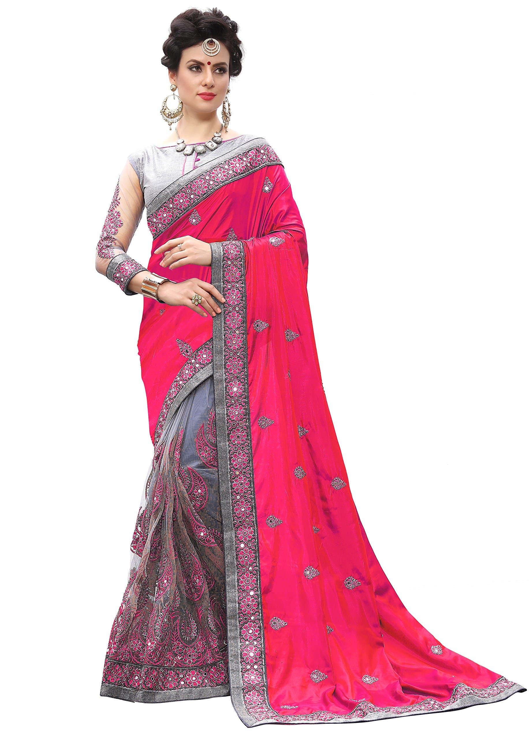 Panash Trends Women's Heavy Silk Net Embroidery Work Saree