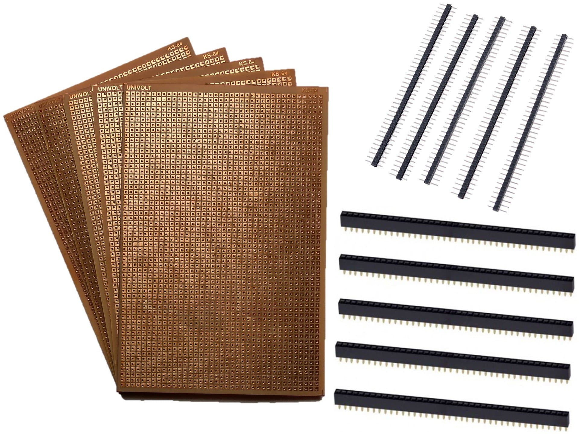 UNIVOLT KS-64 General Purpose Printed Circuit Board, 5 Pieces + Female Berg Strip, 5 Pieces + Male Berg Strip, 5 Pieces