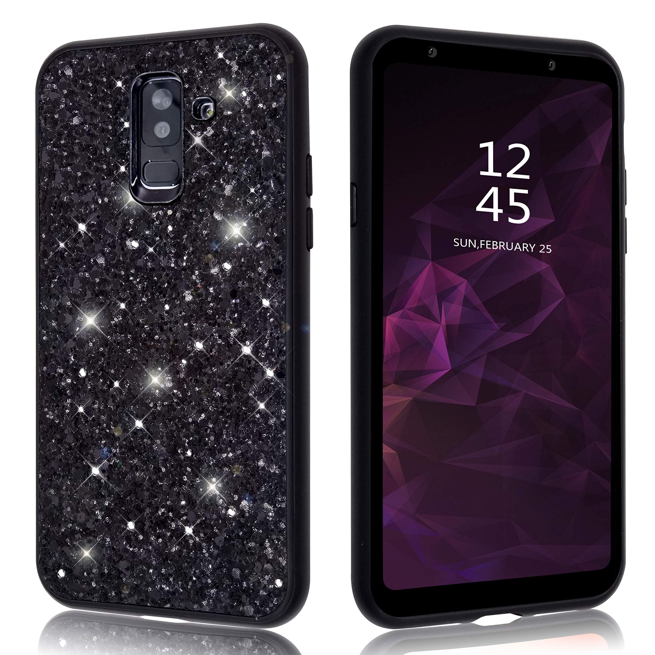 Samsung Galaxy A6 Plus Case Glitter Shiny Bling Sequin Sparkle Diamond Hard Luxury Thin Soft Cute Girl Women Phone Cover for Samsung Galaxy A 6 + (2018) (Black, Samsung Galaxy A6Plus / A6+)