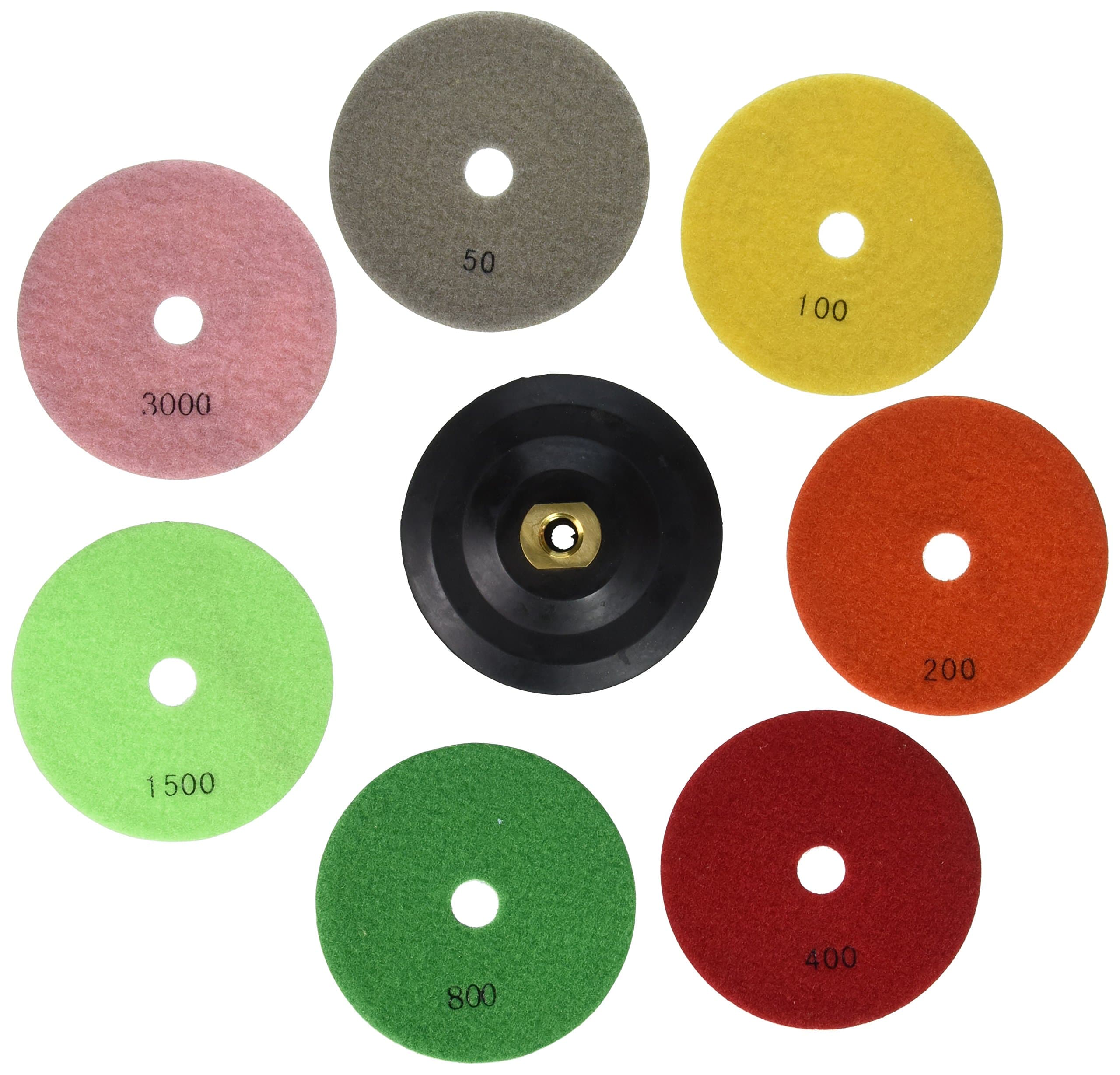 5" Diamond Polishing Pad Set Includes: 50, 100, 200, 400, 800, 1500, 3000 Grit & Includes Rubber Velcro Backing Pad - E5SET