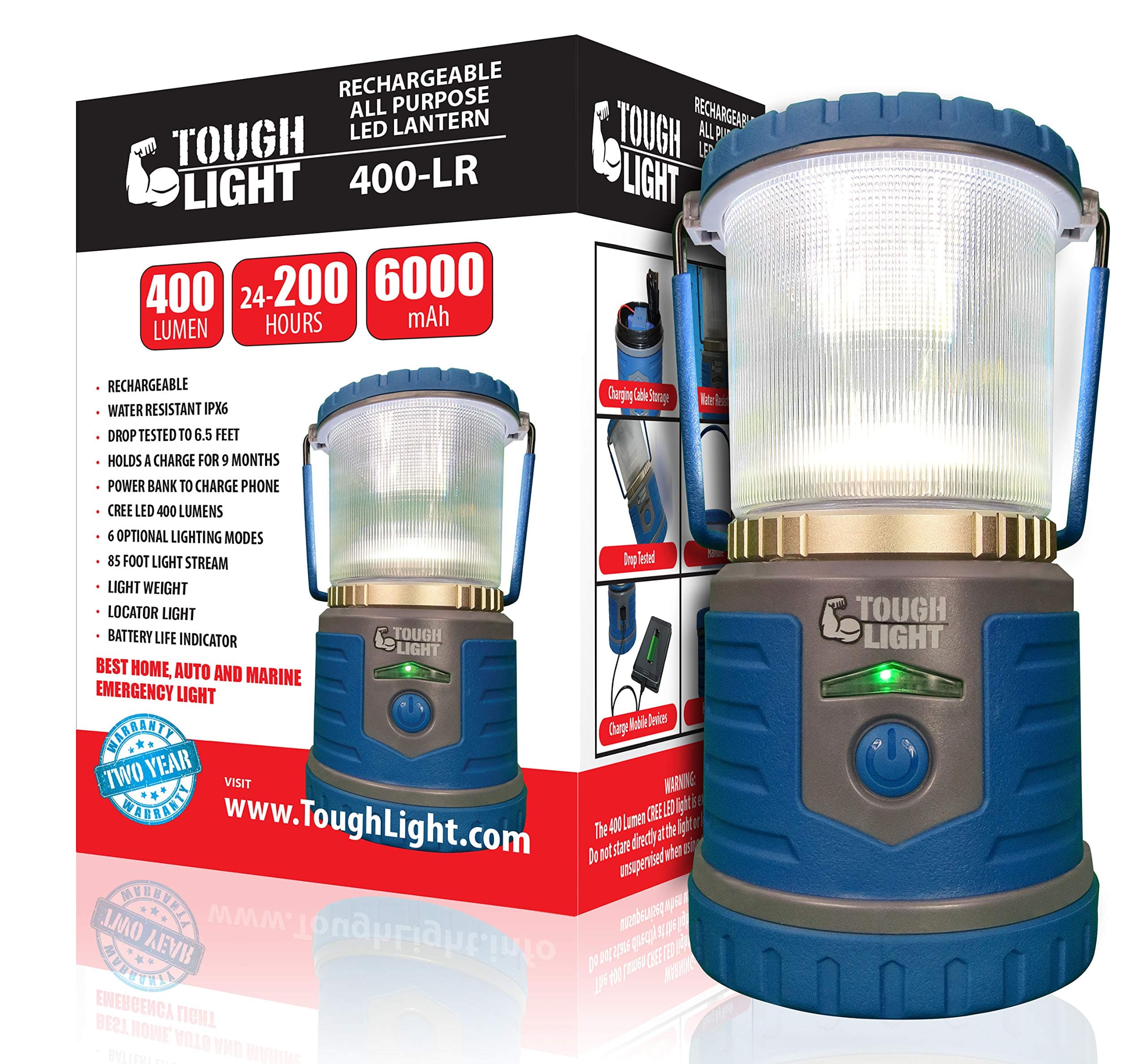 Tough Light LED Rechargeable Lantern - 200 Hours of Light from a Single Charge, Longest Lasting on Amazon! Camping and Emergency Light with Cell Phone Charger - 2 Year Warranty