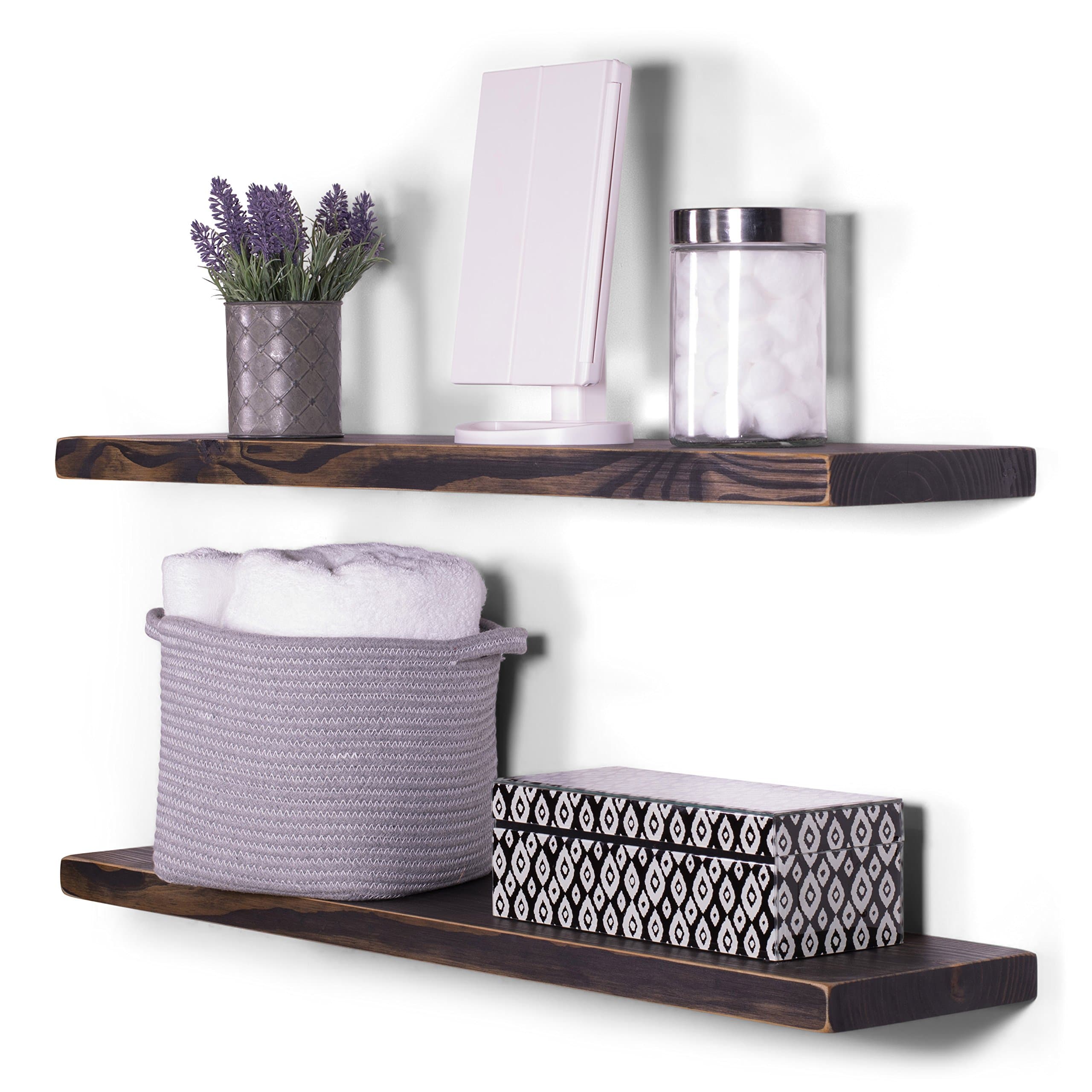 DAKODA LOVE 36" x 8" Weathered Edge Solid Wood Floating Shelves | Premium Handmade Quality | Easy Hidden Bracket Wall Mount | Farmhouse Rustic Pine | Set of 2 (Midnight)