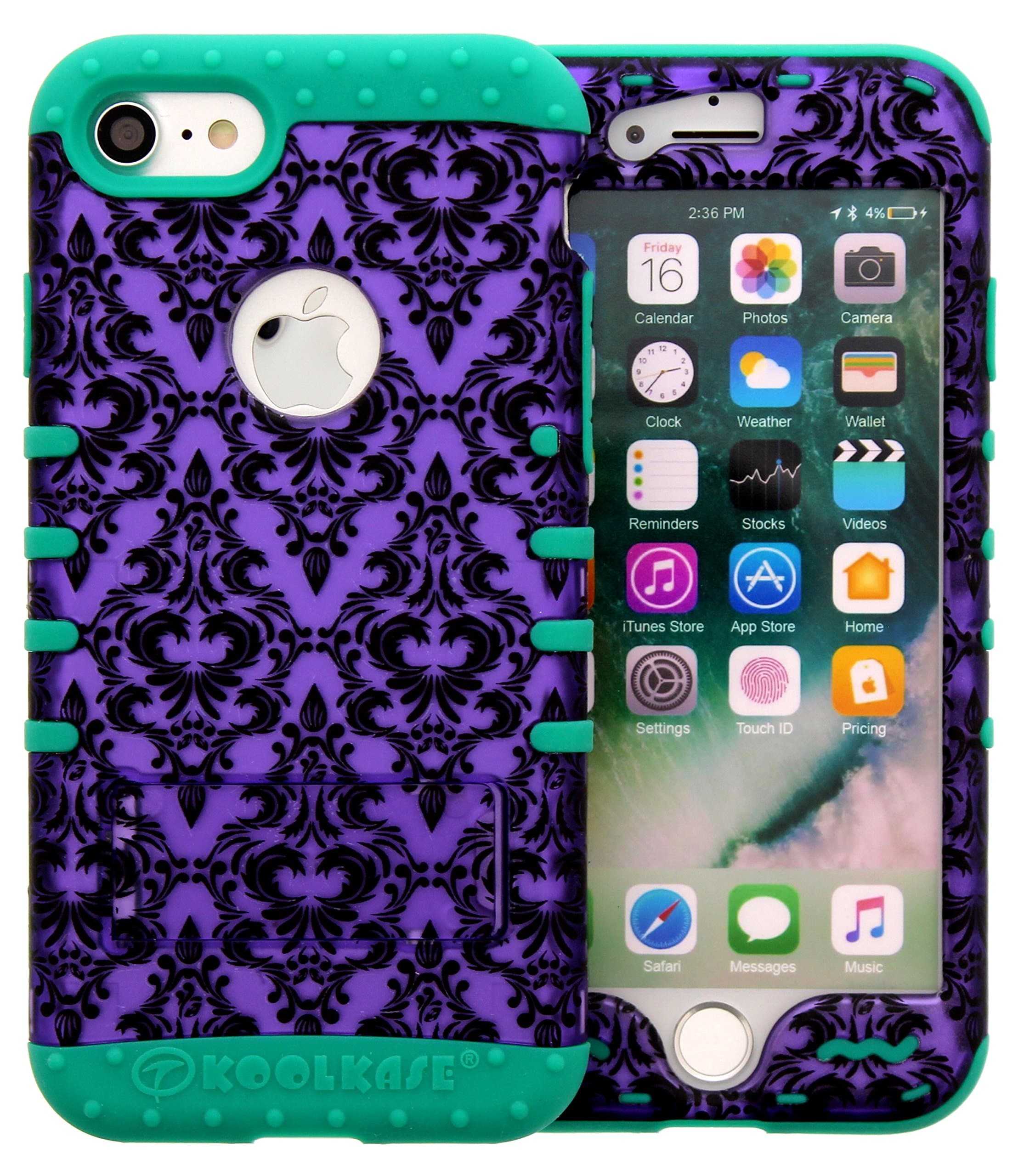 iPhone 7 Case, Hybrid Tough Armor Shockproof Impact Kickstand Cover On Purple Damask Over Skin for iphone 7 (p damask/teal)