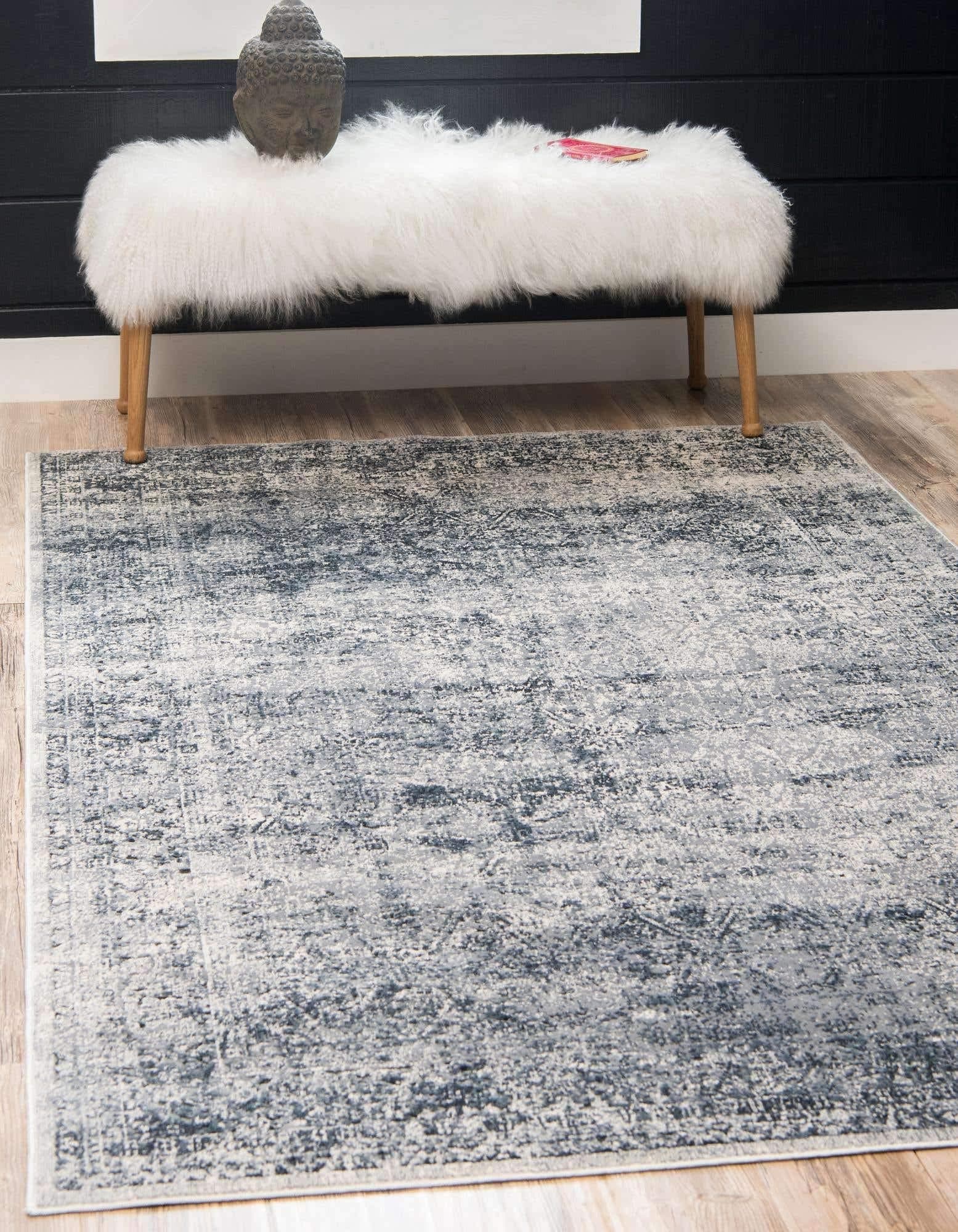 Unique Loom Chateau Collection Distressed, Textured, Vintage, Border, Rustic, Traditional Area Rug, 8 ft x 10 ft, Navy Blue/Beige