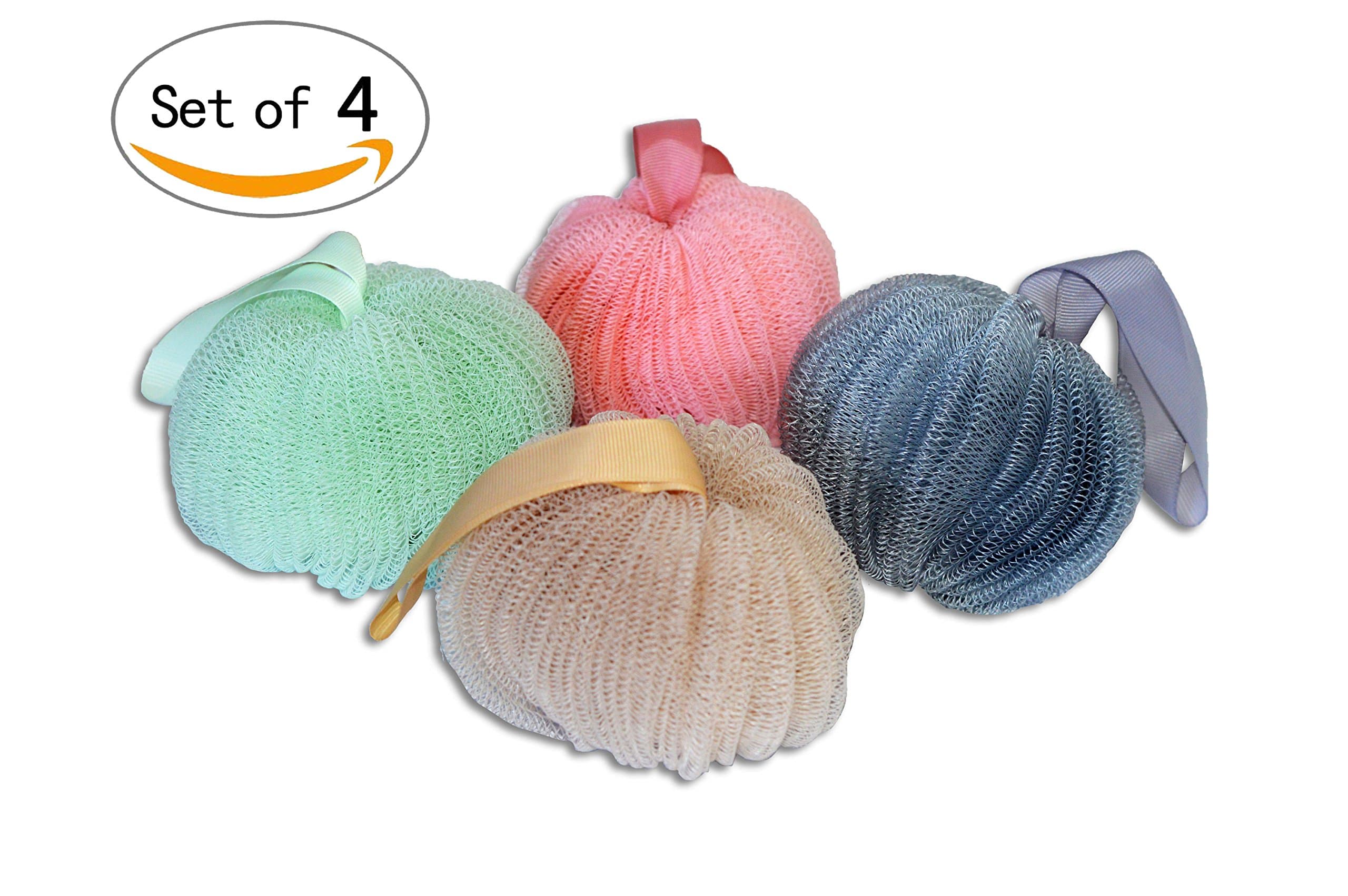 Premium Luxurious Soft Mesh Exfoliating Bath Sponge Shower Pouf Loofah Set 4 Colors By Sqish