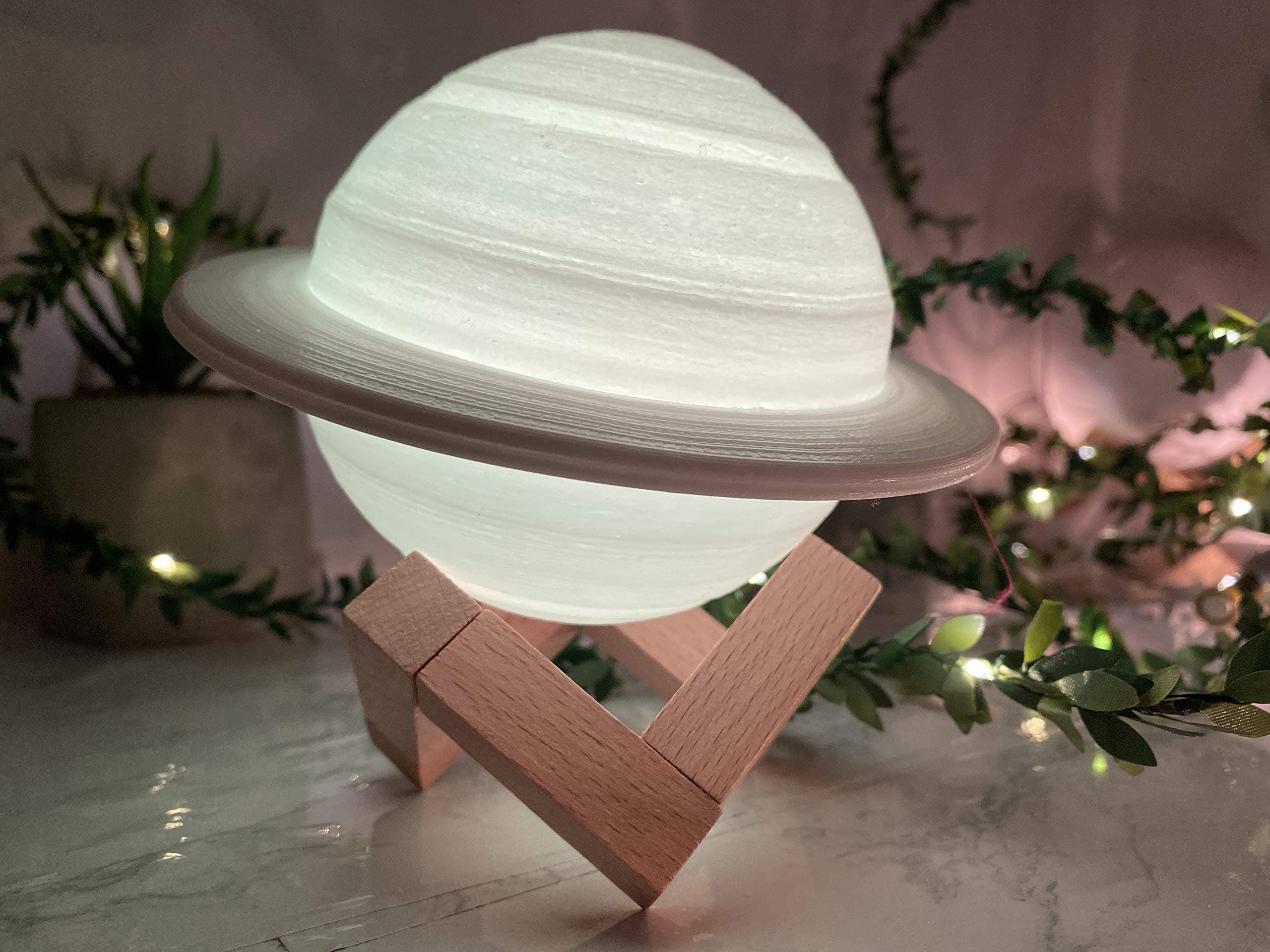 ETKA 3D Printed Saturn Lamp, LED Touch Lamp, 5.9-inch (15-cm), 16 RGB Dimmable Colors, Remote and Touch Control, USB Rechargeable Battery with Wooden Stand and USB Cable