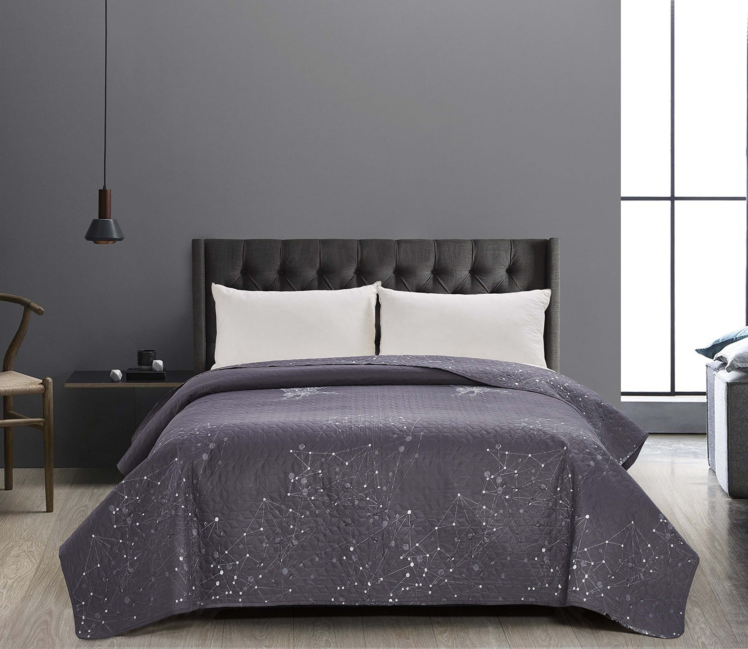 DecoKing Bedspread 220x240 cm Coverlet Double Sided Stitched Easy-care Geometric white grey dimgray steel anthracite graphite Hypnosis Collection Eagle
