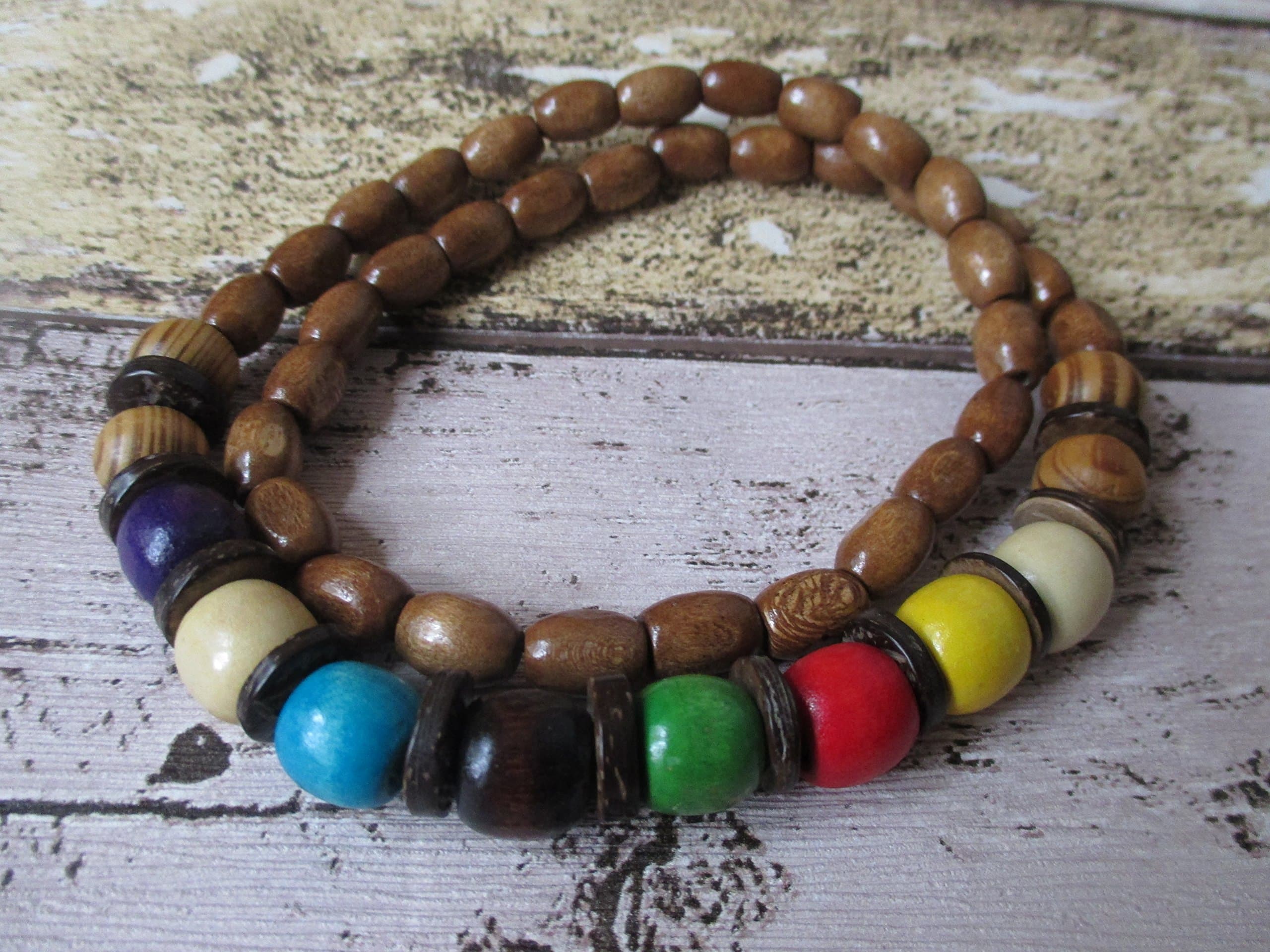 Boho Boho coffee rainbow wooden beaded chunky necklace with gift bag