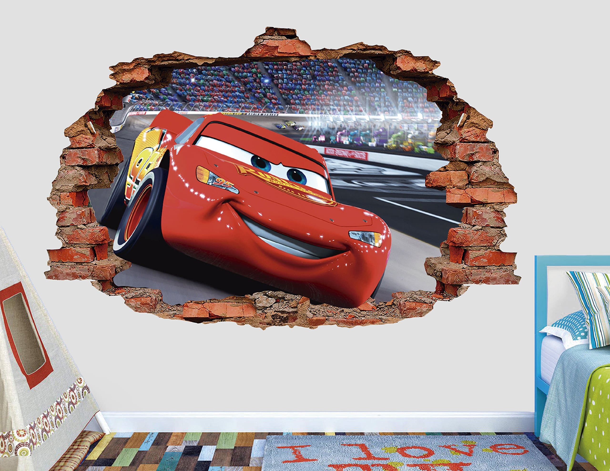 Cars 3 Lightning MCqueen 3D Sticker Wall Decal Smashed Vinyl Decor Mural Movie - Broken Wall - 3D Designs - AL32 (Giant (Wide 50" x 30" Height))