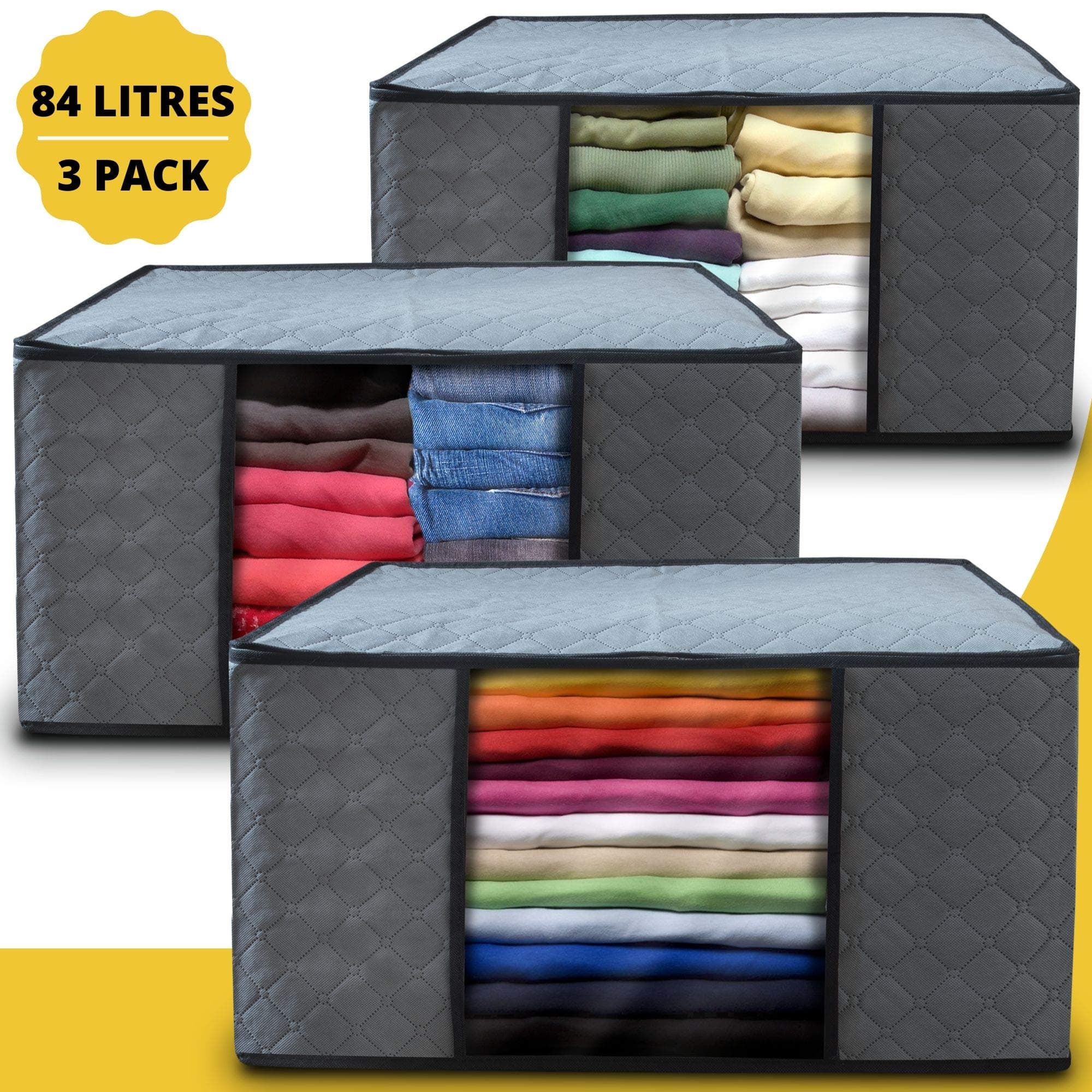 Large 84L Foldable Storage Bag with Zips (3 Pack) - Fabric Underbed Storage Organiser with Reinforced Handles, Clear Window and Zipper - Perfect for Storing Clothes, Duvets, Blankets, Towels